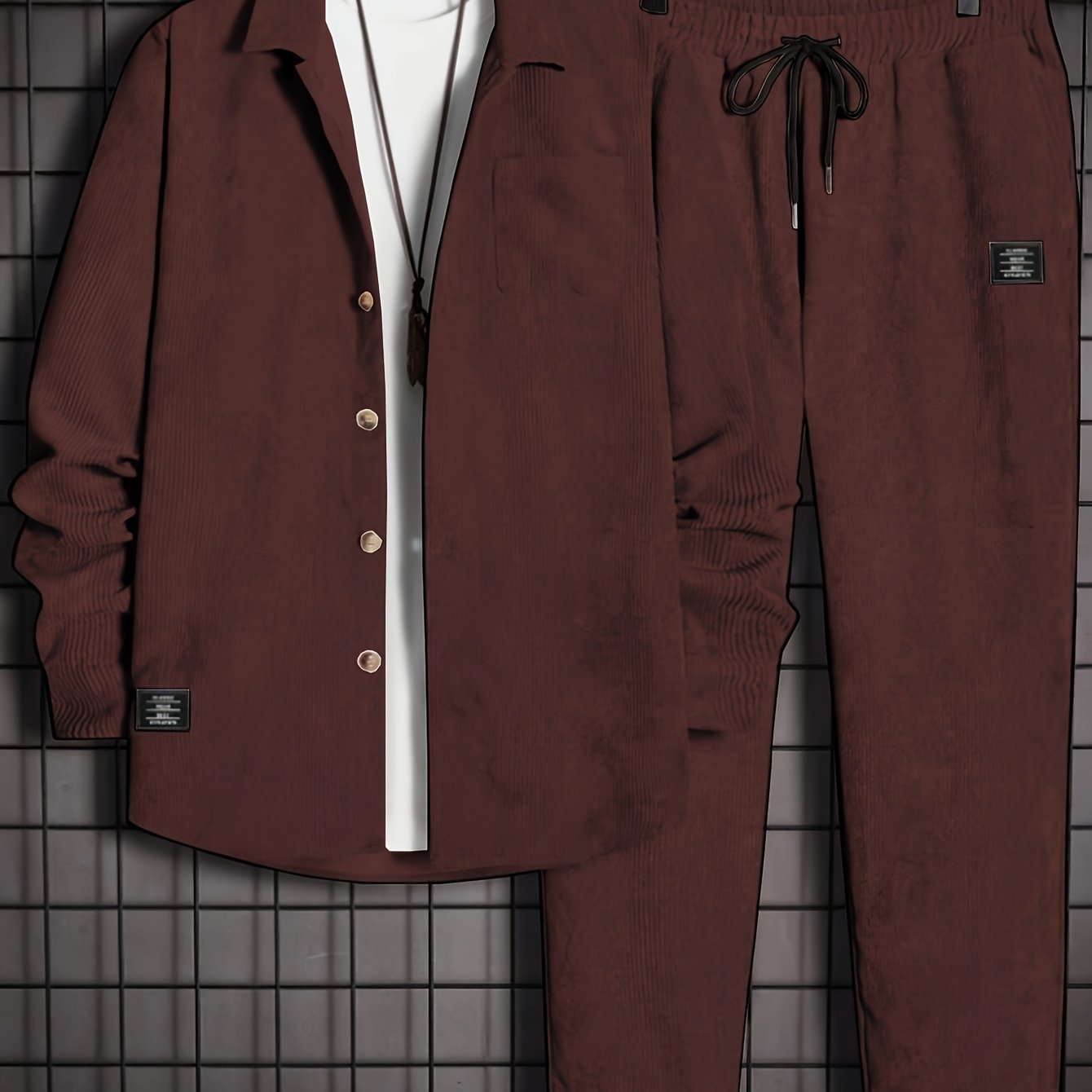 Conjunto casual de pana para hombre, camisa de manga larga con botones y pantalones con cordón para otoño e invierno