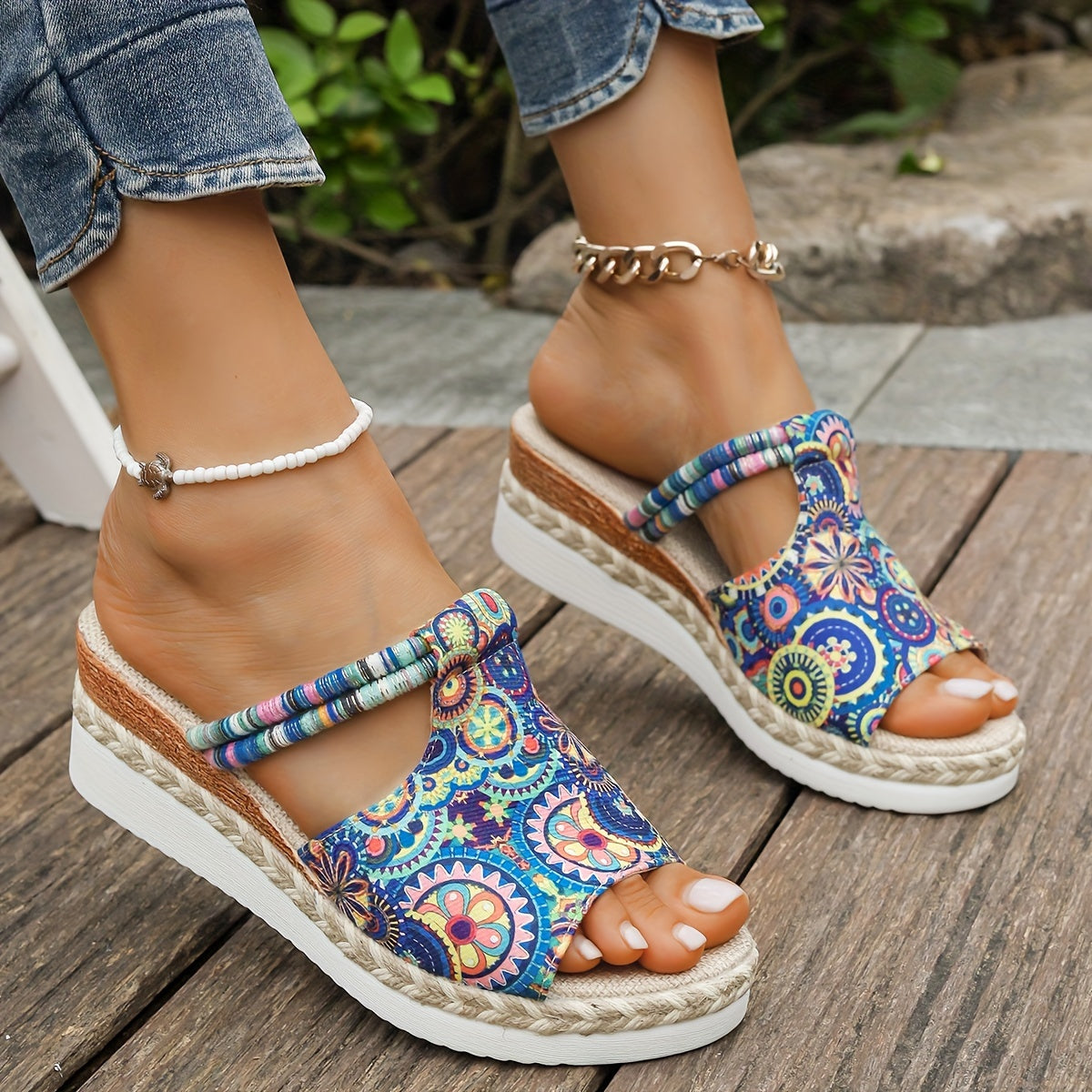 Women's Mandala Print Platform Wedge Sandals Slip-On Summer Beach Slides