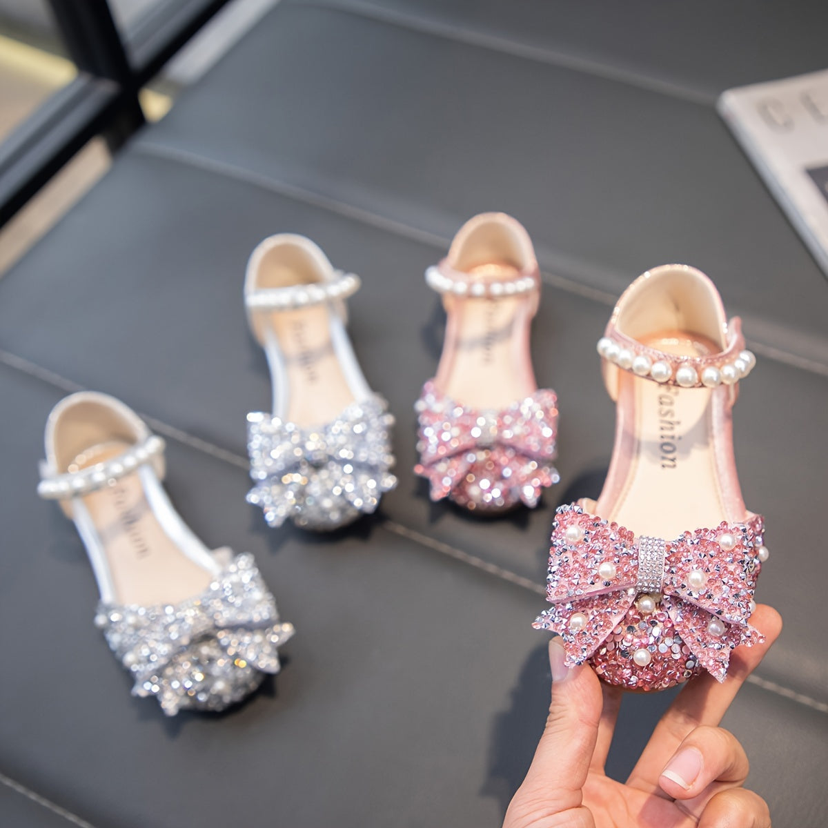 Girls' Flat Shoes with Rhinestones for Spring and Summer, PU Material, Round Toe