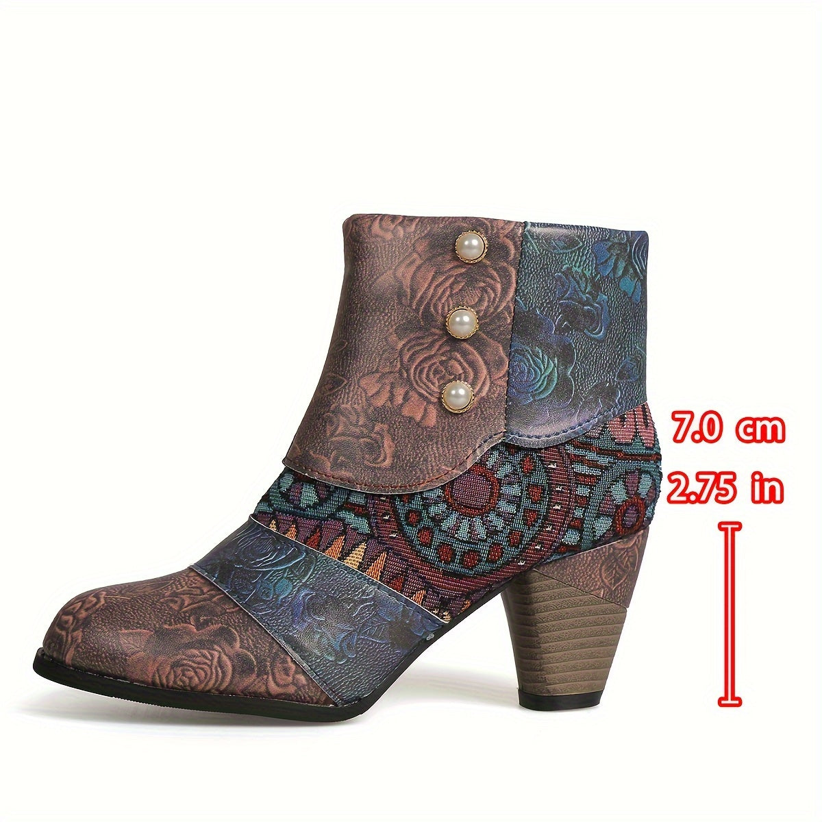 Women Bohemian Ankle Boots Fabric Insole Block Heel with Floral Patterns