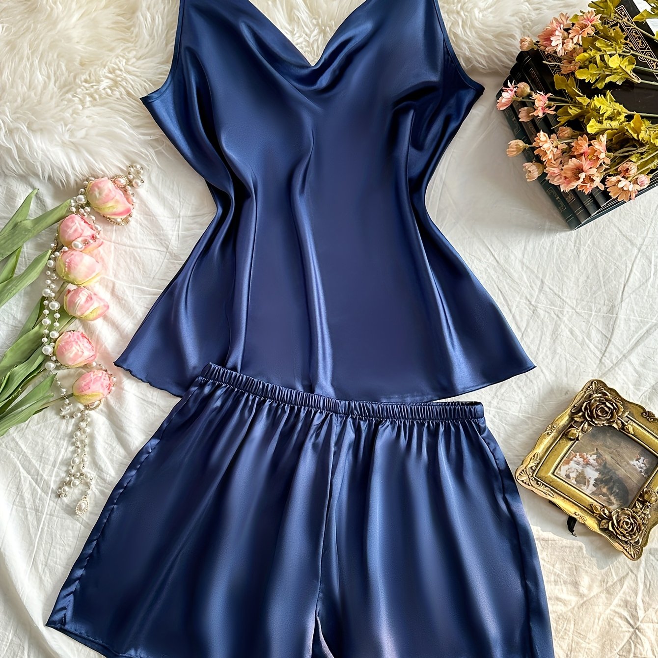 Plus Size Womens Sleeveless V-Neck Pajama Set Polyester Blend All-Season Sleepwear