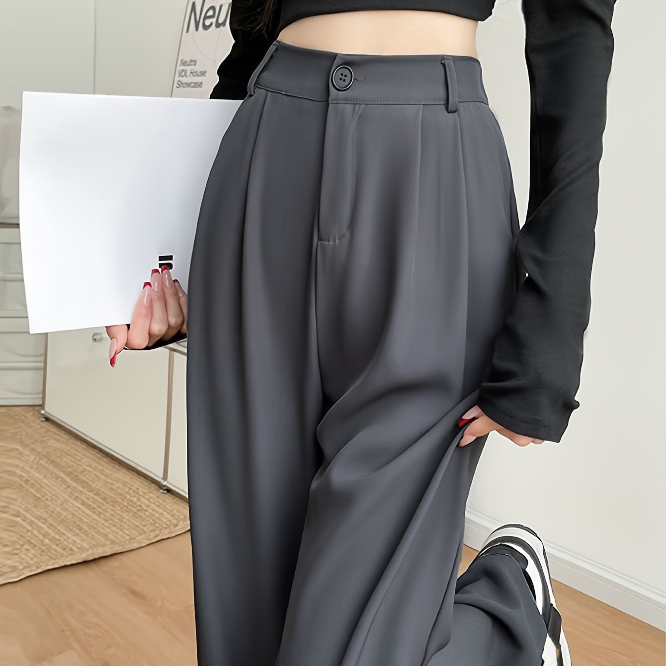 High-Waisted Straight Leg Pants for Women Breathable Wrinkle-Resistant Polyester Elastane