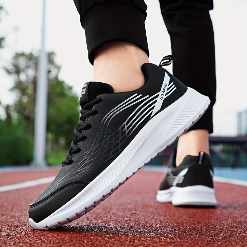 Men's Low Top Sneakers with Lace-Up Closure Durable PU Upper Solid Color Casual Shoes