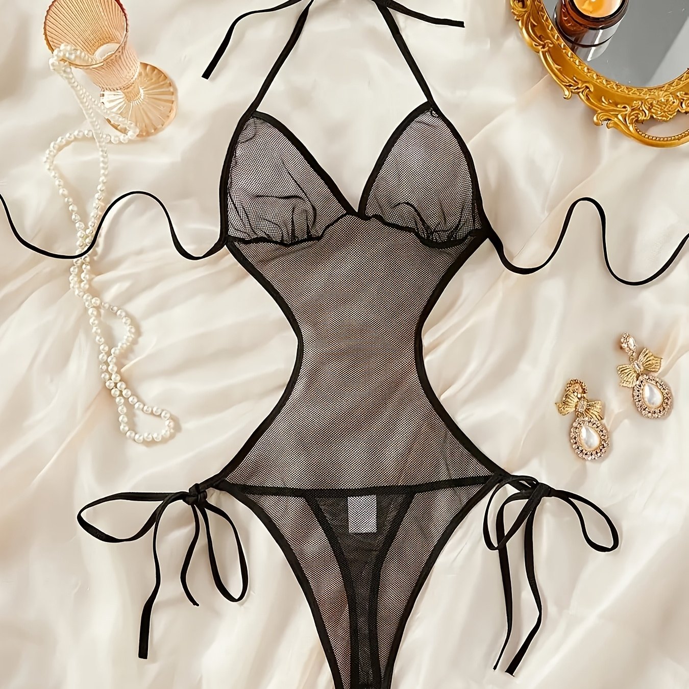 Body de encaje con cordones y detalles de malla y encaje para mujer