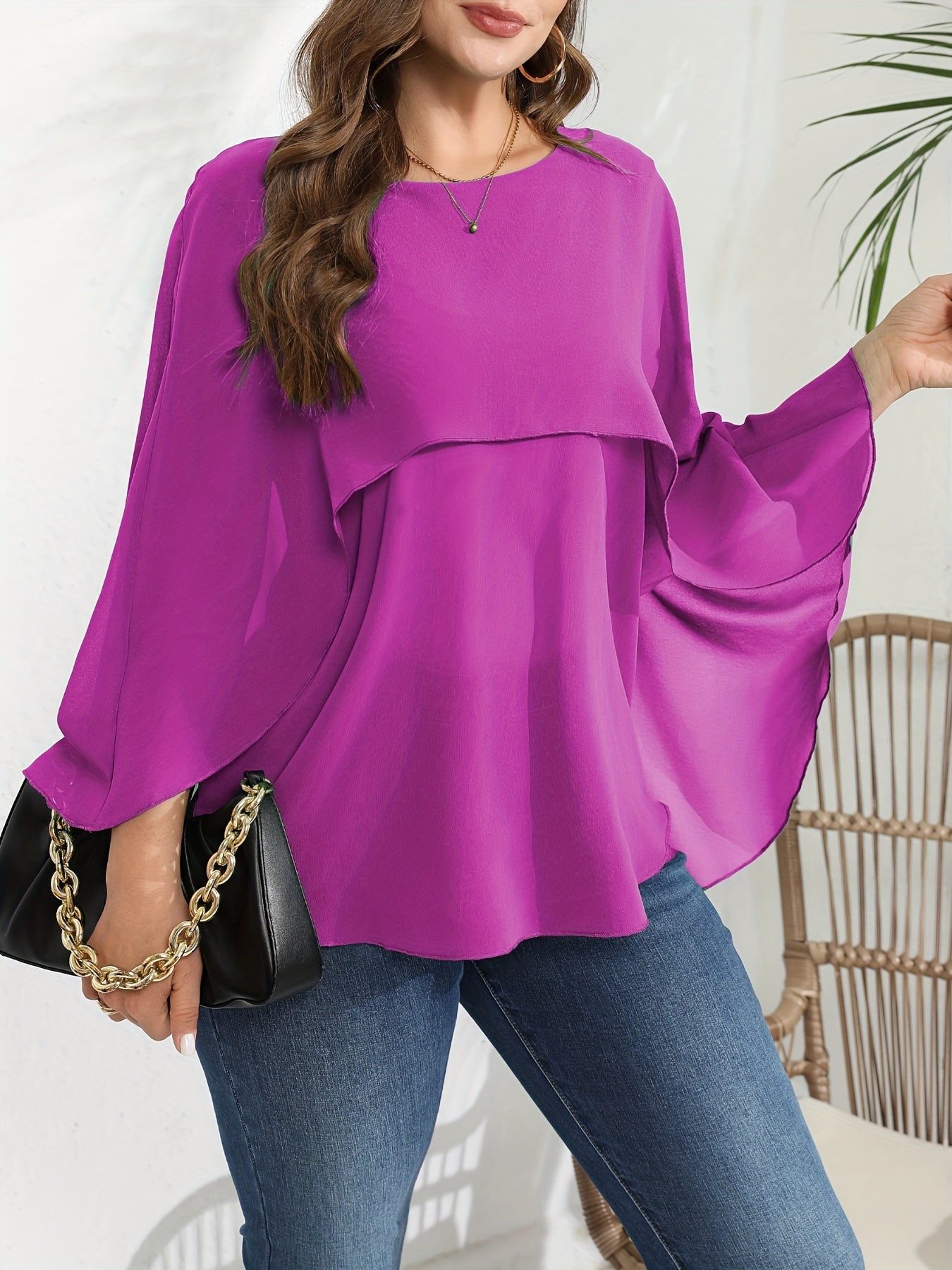 Plus Size Women's Polyester Crew Neck Blouse Solid Color Woven Shirt