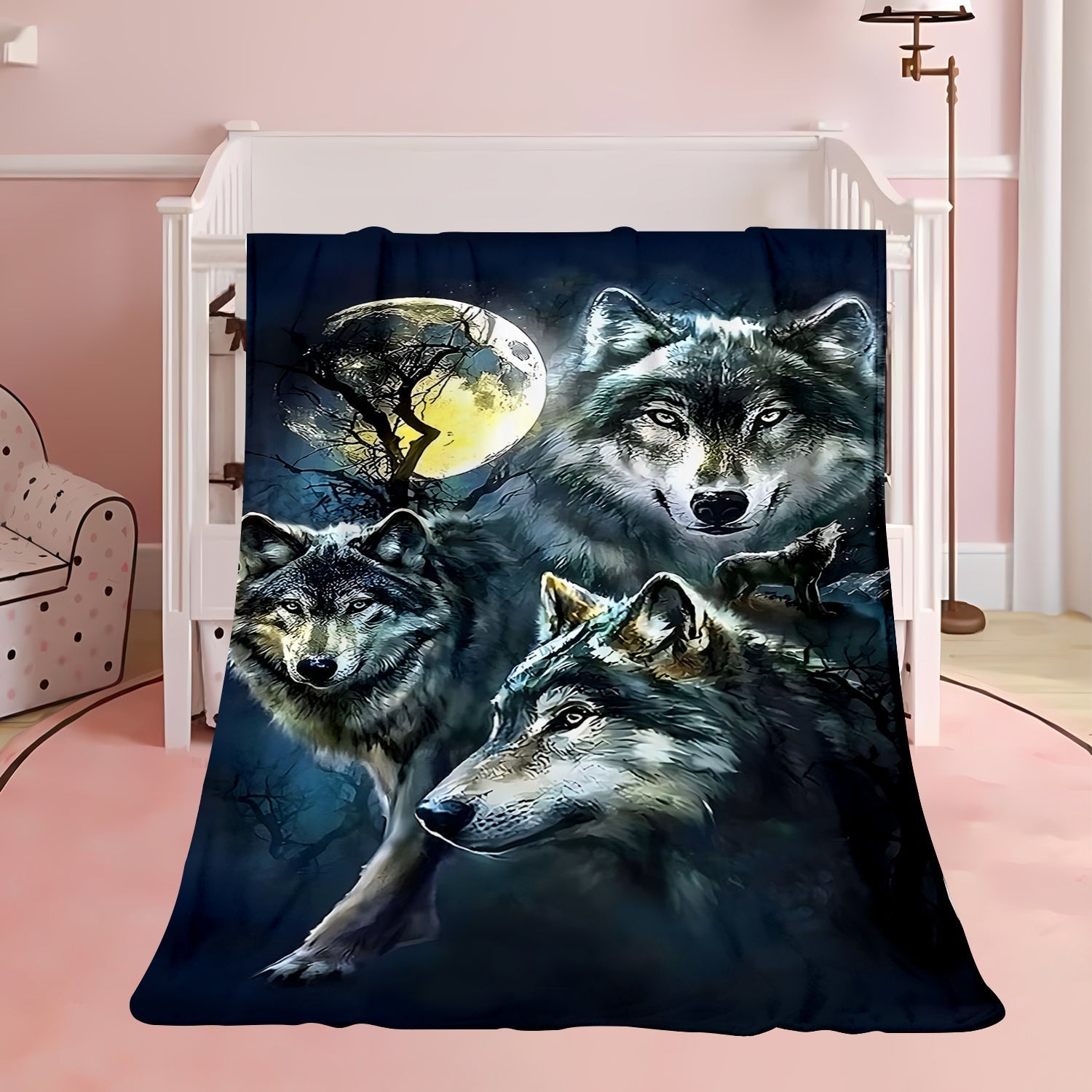 Contemporary Wolves in Moonlight Flannel Fleece Throw Blanket for Sofa Bed Camping