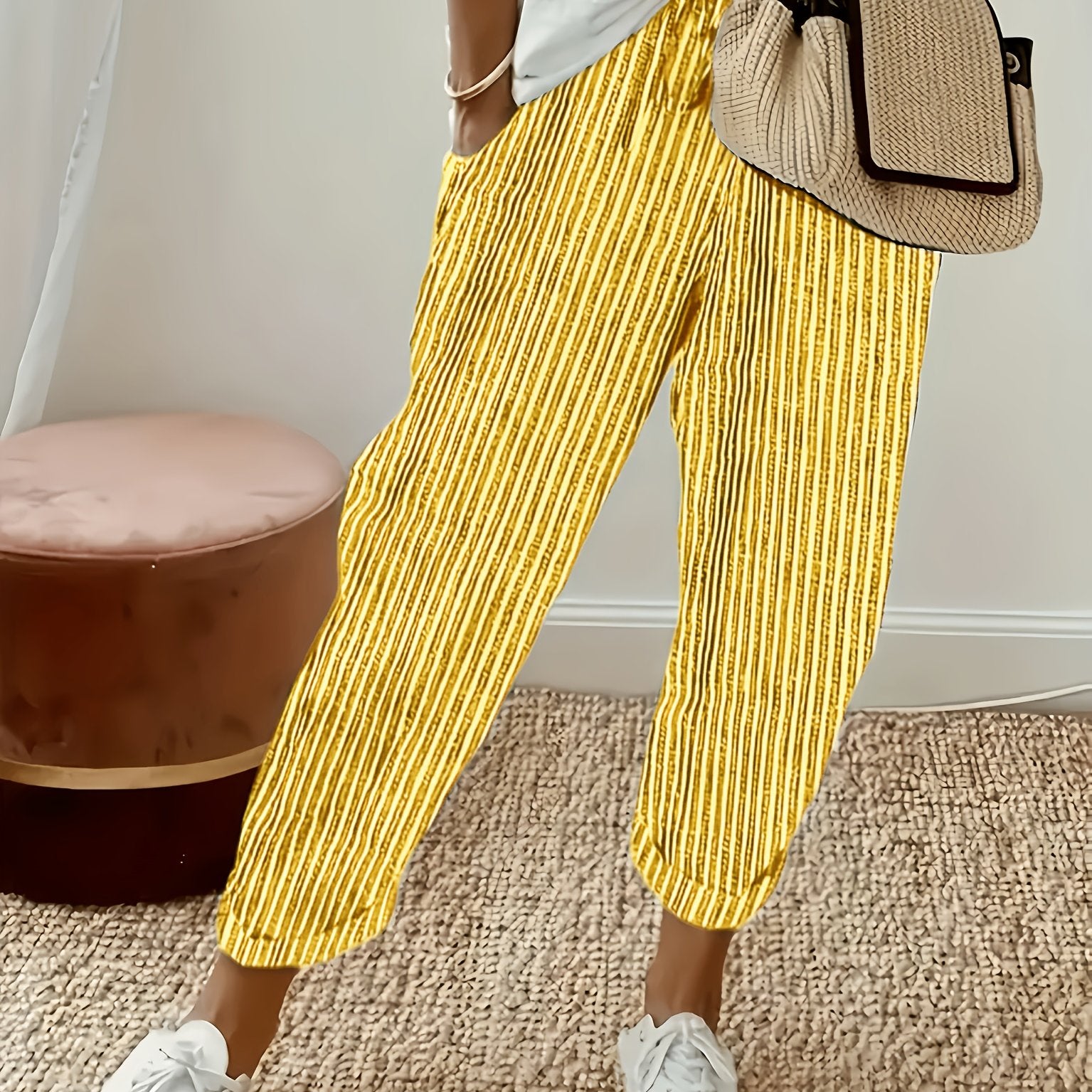 Pantalones casual de mujer de talla grande, ligeros, a rayas en negro y blanco