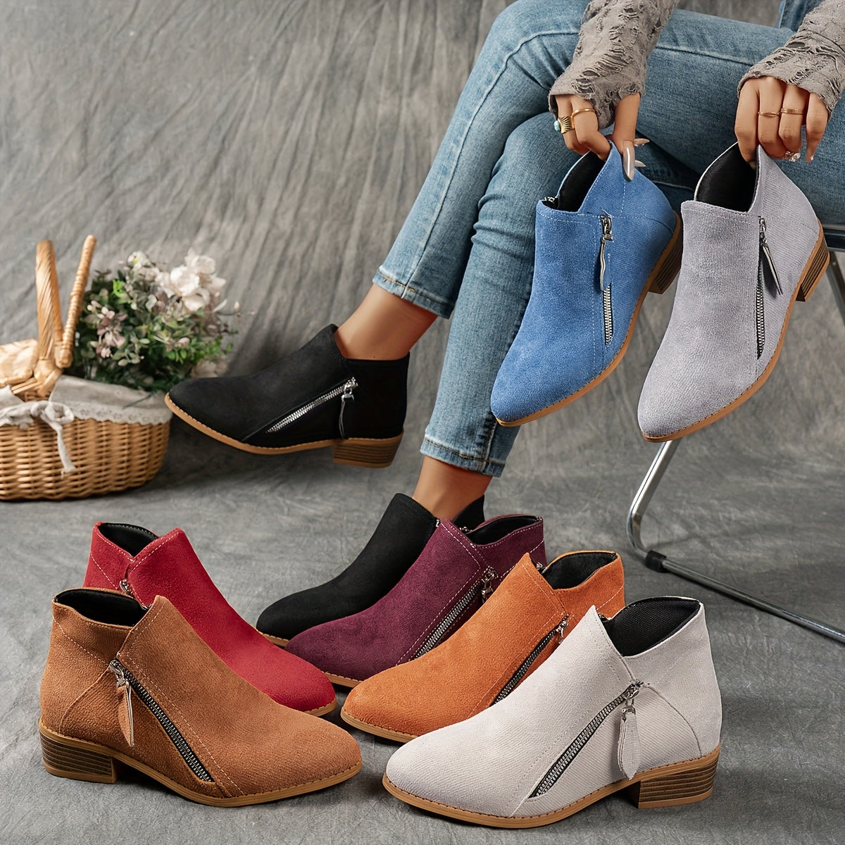 Women's Velvet Chunky Heel Ankle Boots with Slip-On Zipper and Non-Slip Sole