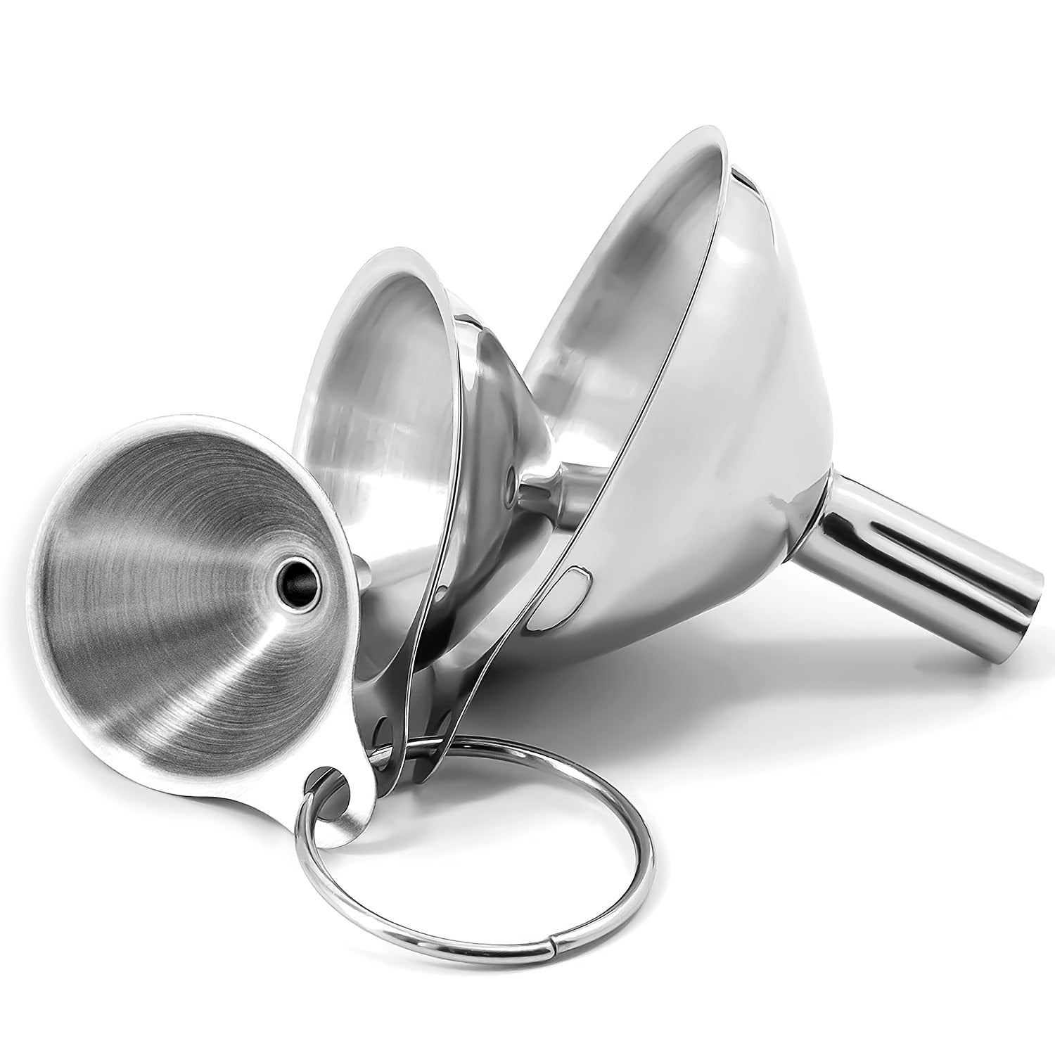 Set of 3 Stainless Steel Funnels with Lids and Strainers for Kitchen Use