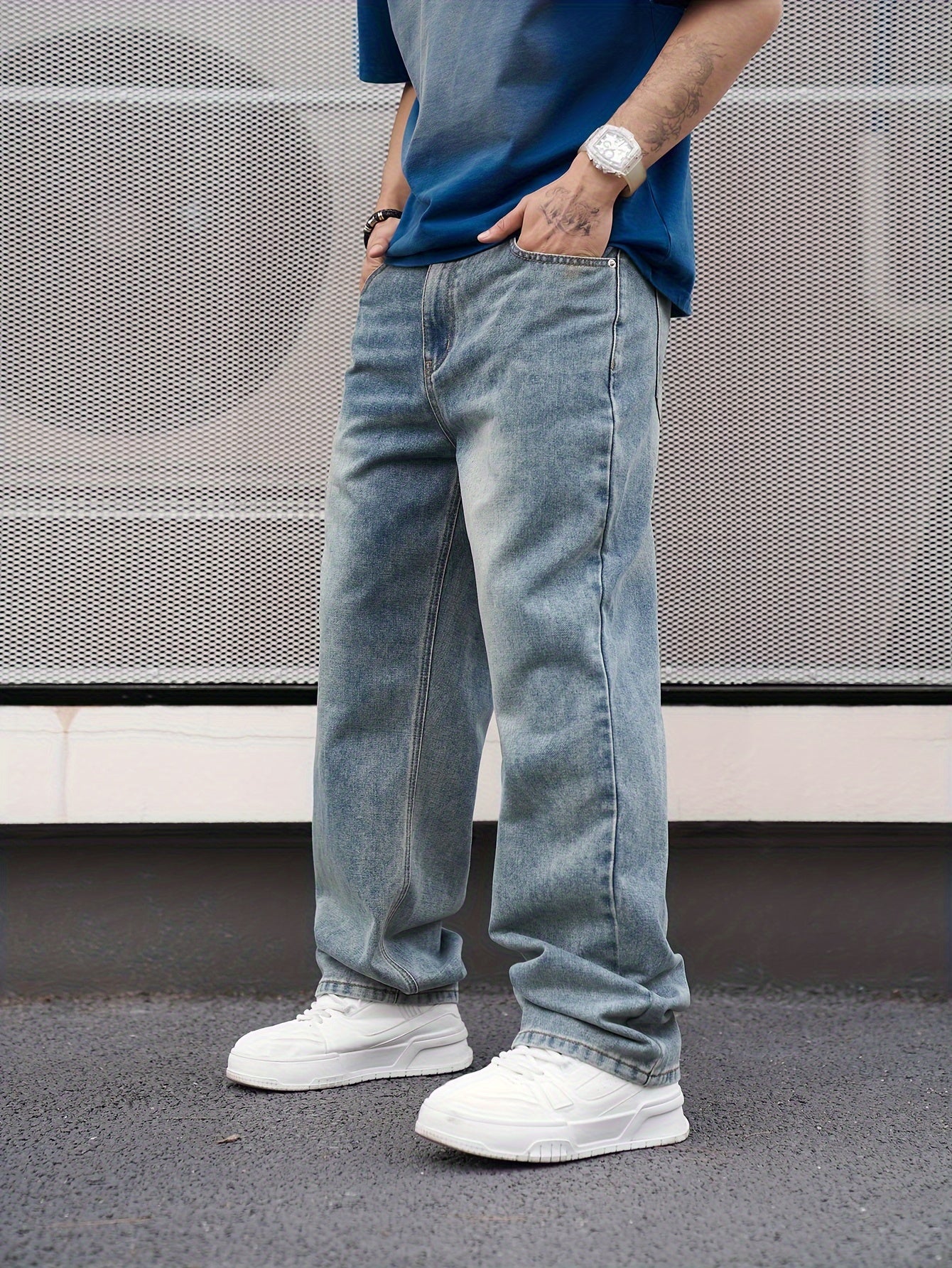 Jeans de mezclilla lavada de corte recto casual para hombre, ajuste regular