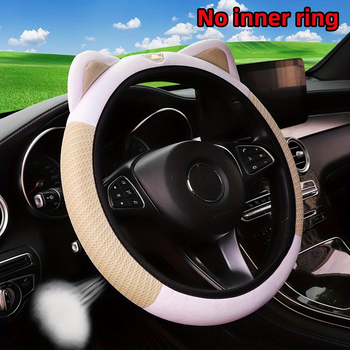 Cute Pink White Cat Steering Wheel Cover Breathable Mesh Stretchable Car Accessory
