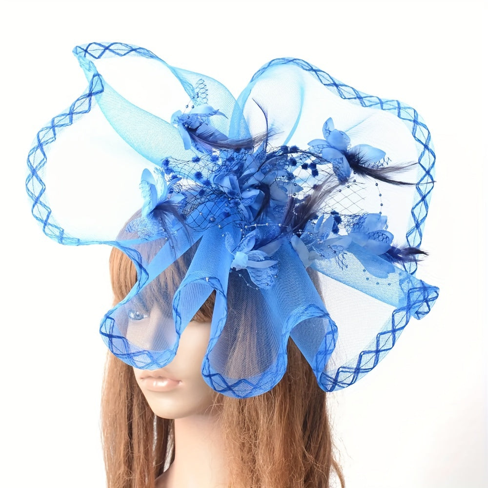 Vintage Fascinator Headwear with Flower Mesh and Faux Feather for Women Tea Party Wedding