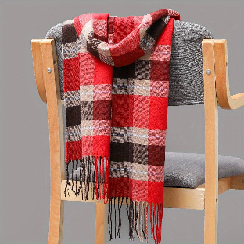 Men's Imitation Cashmere Scarf with Tassel Detail in Plaid Pattern for Fall Winter
