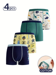 4-Pack Boys' Cotton Boxer Briefs with Cartoon Dinosaur and Basketball Prints All-Season Knit Fabric Regular Fit