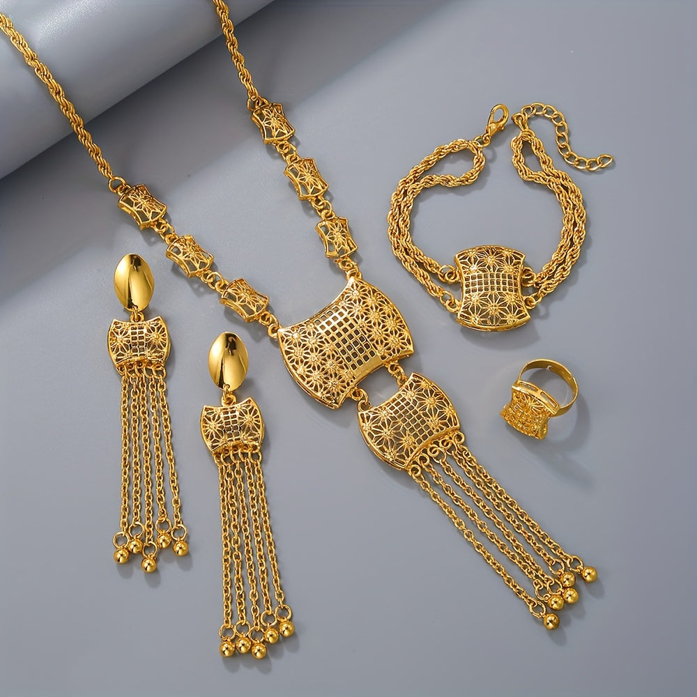 An'anaviy kelin zargarlik to'plami 5 dona: uzuk, marjon, bilaguzuk, taqinchoq. Har kuni kiyimlarga mos keladigan klassik bo'sh gul dizayni bilan qoplangan.