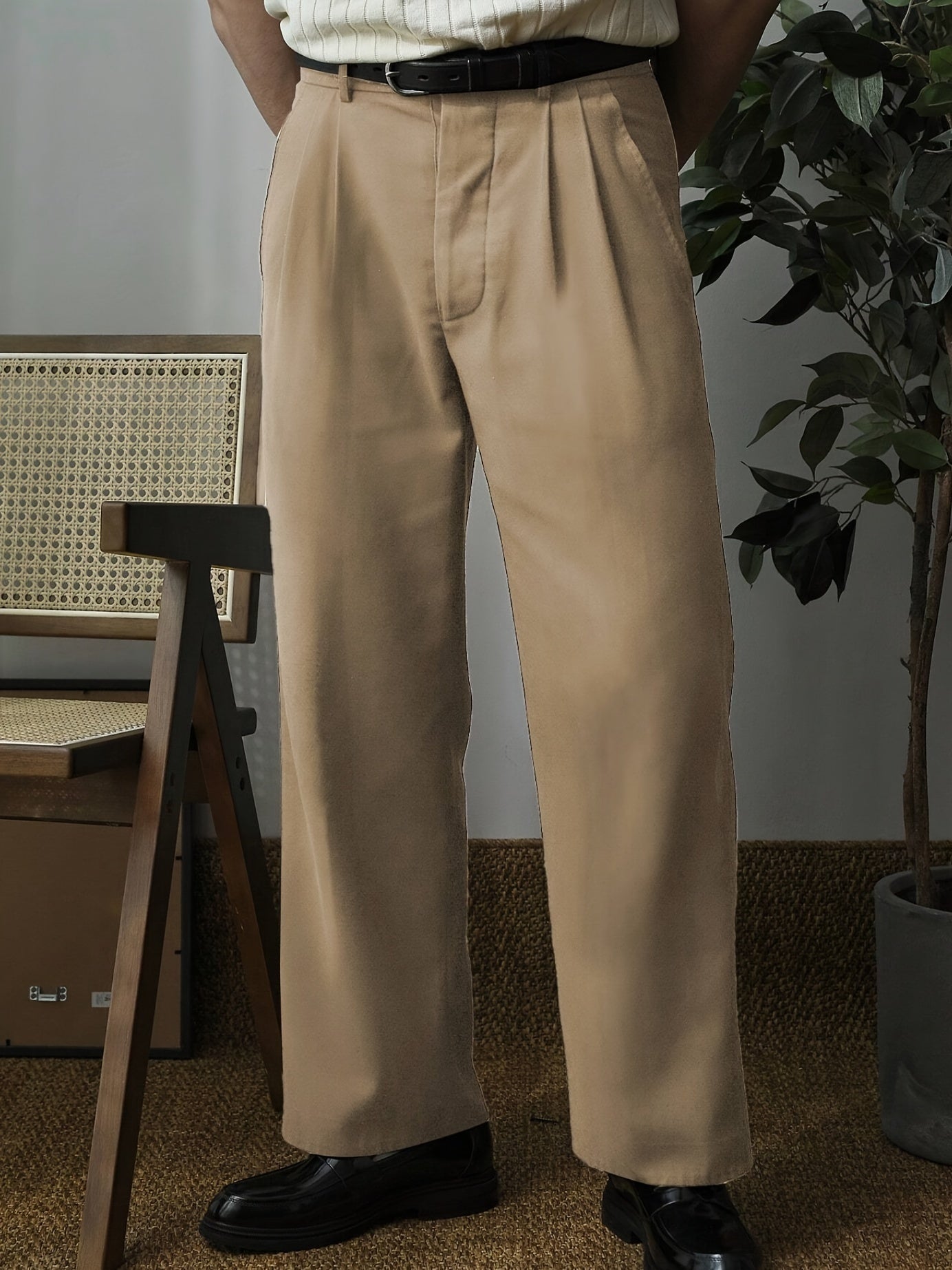 Pantalones de traje de cintura alta para hombre de color sólido, poliéster no elástico, casual, con pliegues y bolsillos, para todas las estaciones