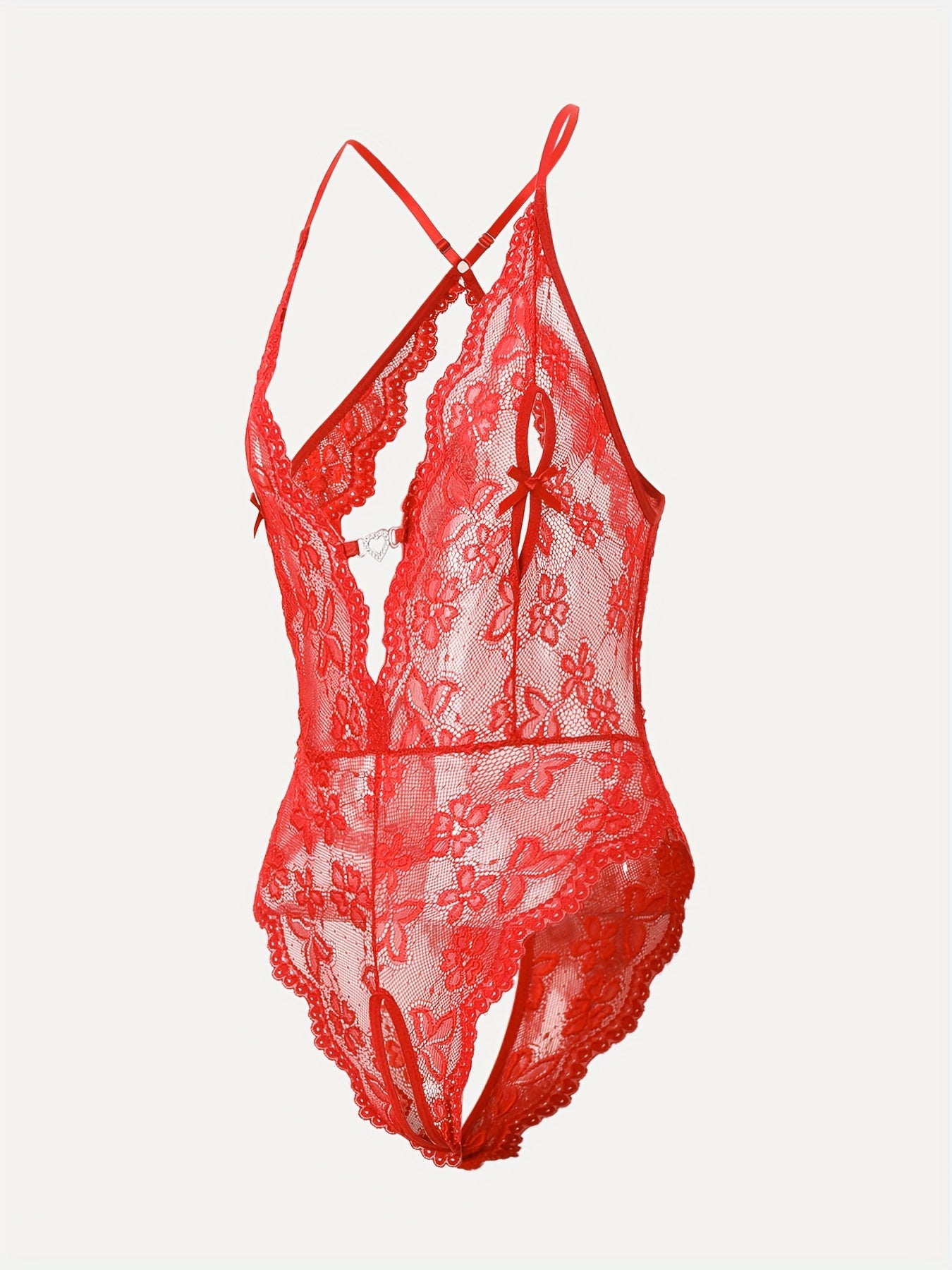 Women's Red Lace Bodysuit with Deep V-Neck and Floral Print Nylon Lingerie