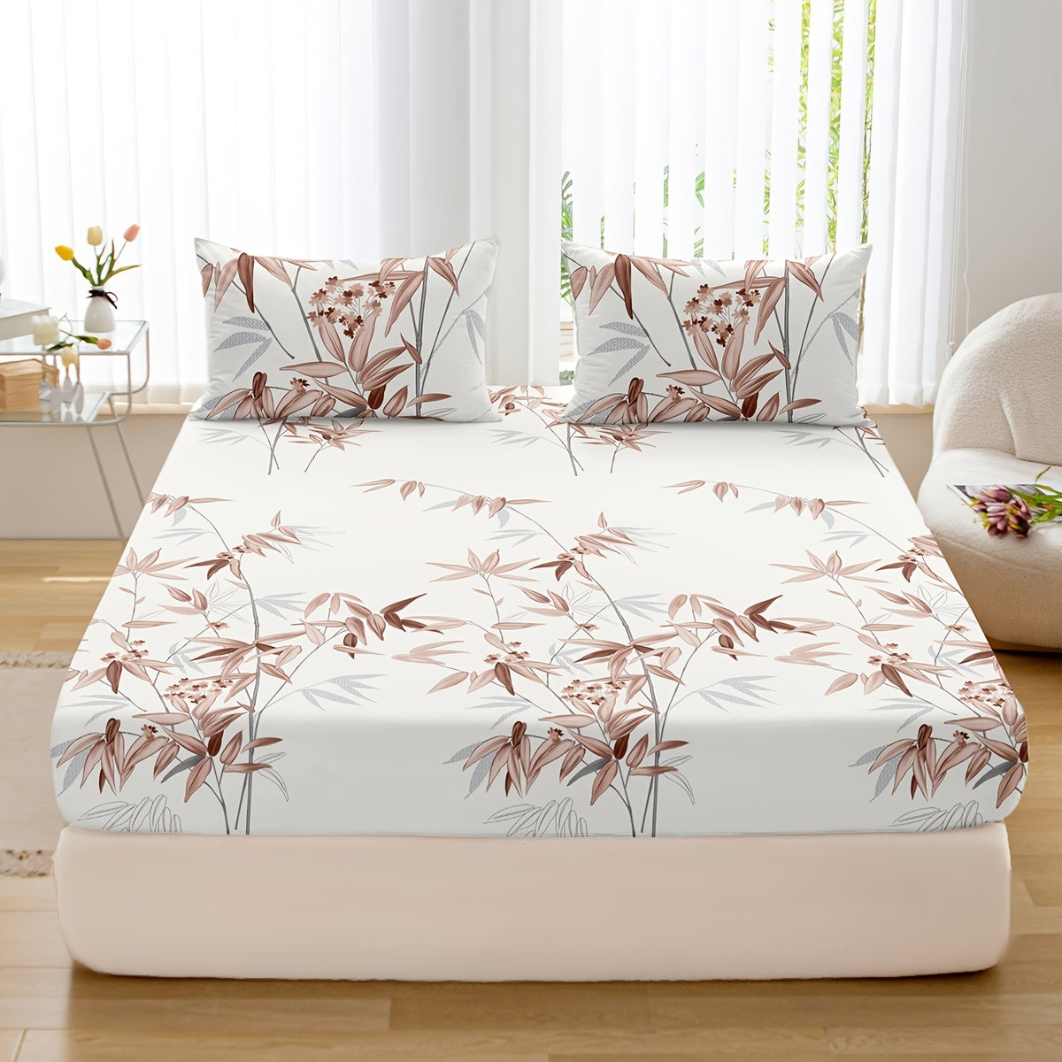 Set of 3 Plant Printed Fitted Sheets Bedding Set Breathable Soft for Bedroom and Guest Room