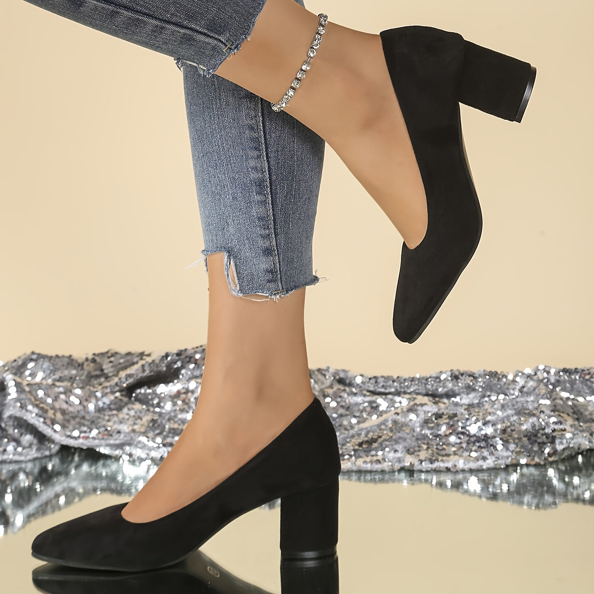 Women's Pointed Toe Mary Jane Heels Black Slip-On Dress Shoes