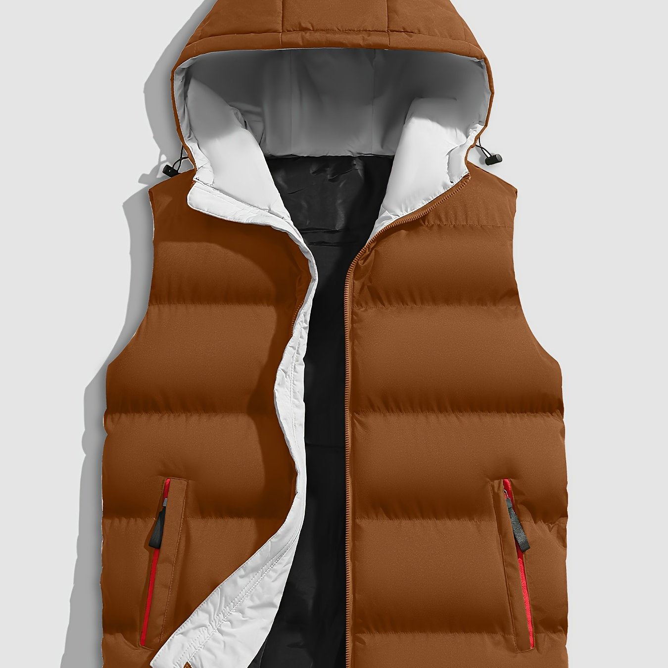 Erkaklar uchun zaytun yashil kapüşonli jilet, fermuarlı cho'ntaklar bilan, yengsiz, mashinada yuvish mumkin bo'lgan polyester, kuz/qish uchun ideal.