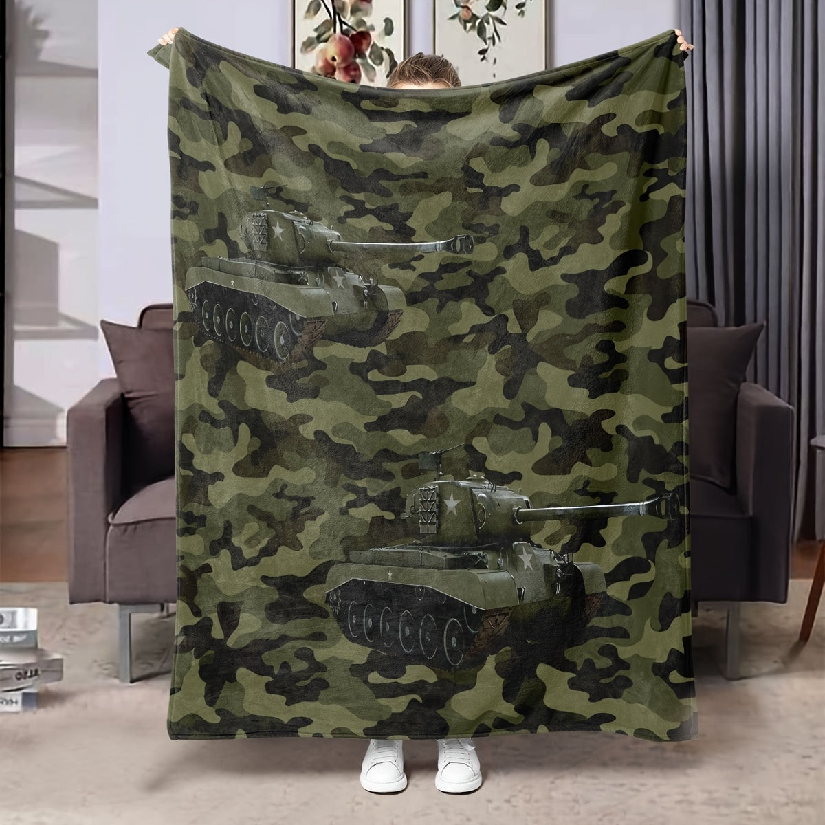 Kids Camouflage Throw Blanket Dark Green Digital Print Tank Car Bed Cover for Boys and Girls