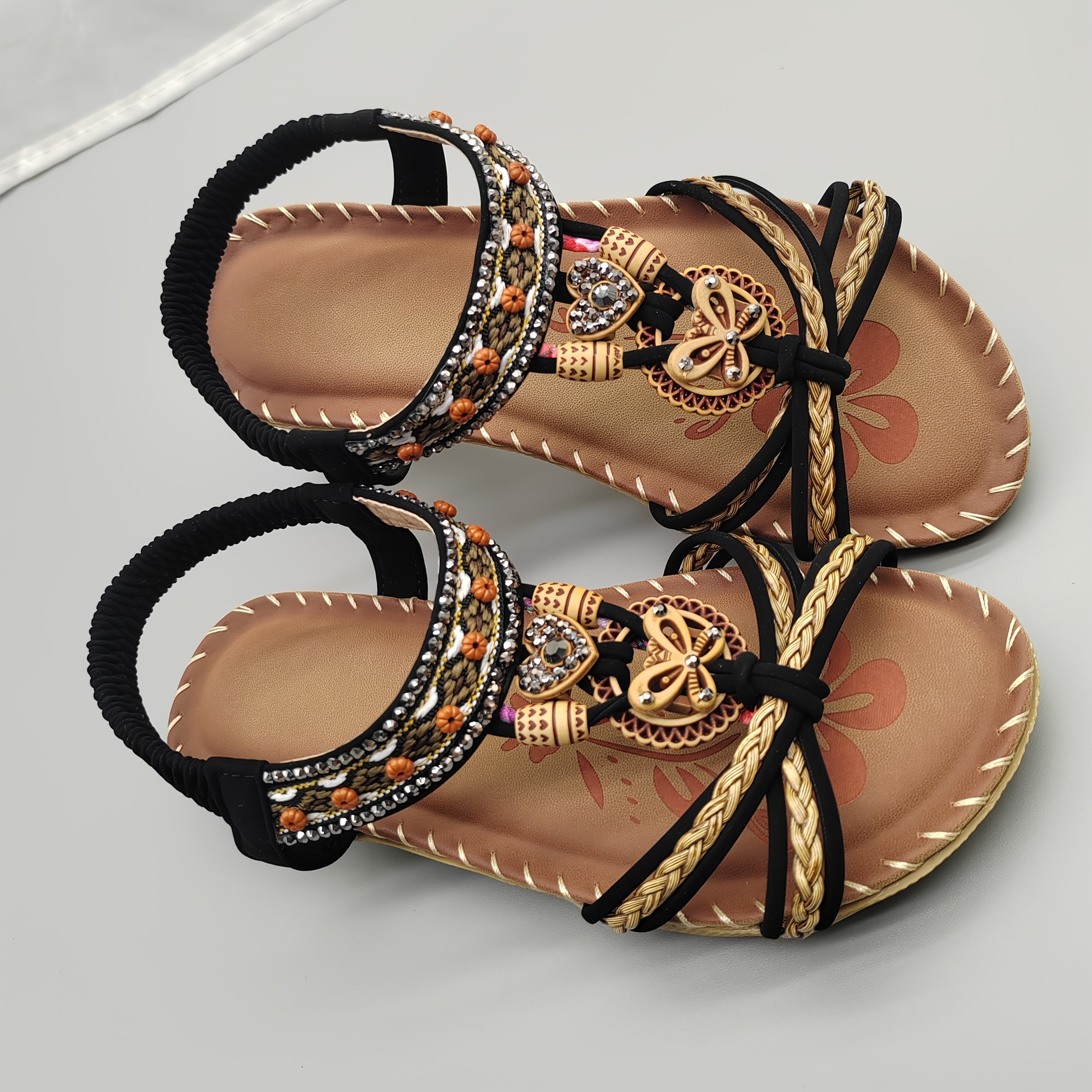 Women Bohemian Flat Sandals Adjustable Ankle Strap Round Toe Black White Orange