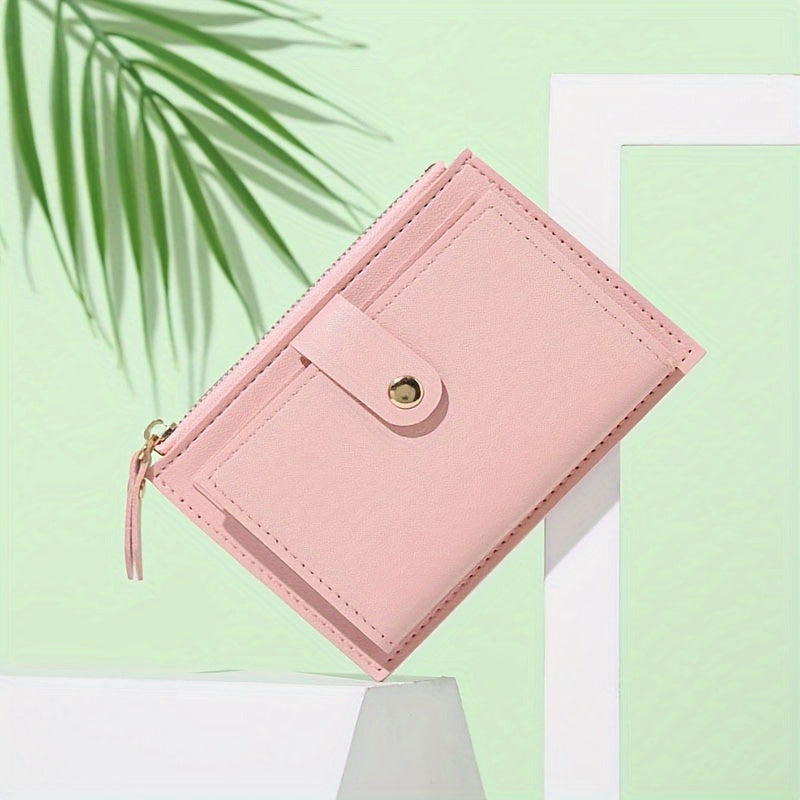 Women's Bifold Wallet with Zipper Snap Button in Pink Blue Black Light Brown PU Material