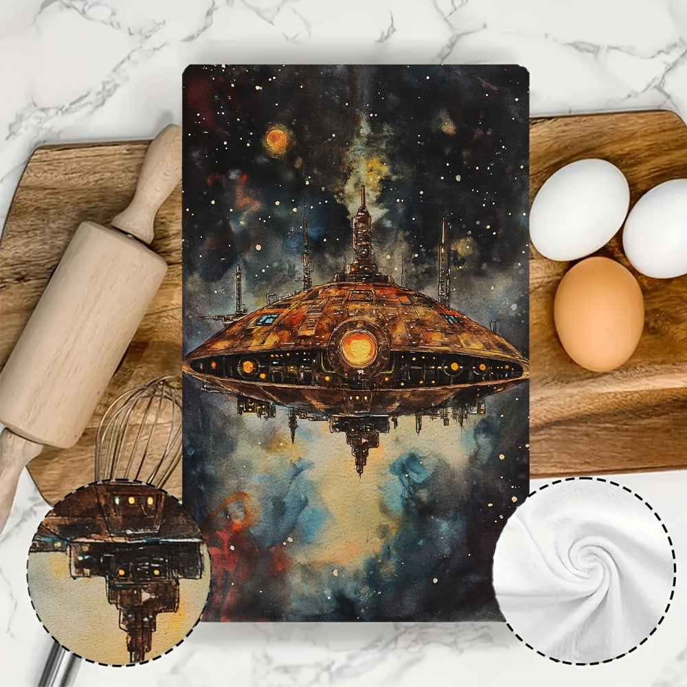 Set of 2 Coastal Spaceship Kitchen Towels 40x60cm Absorbent Polyester