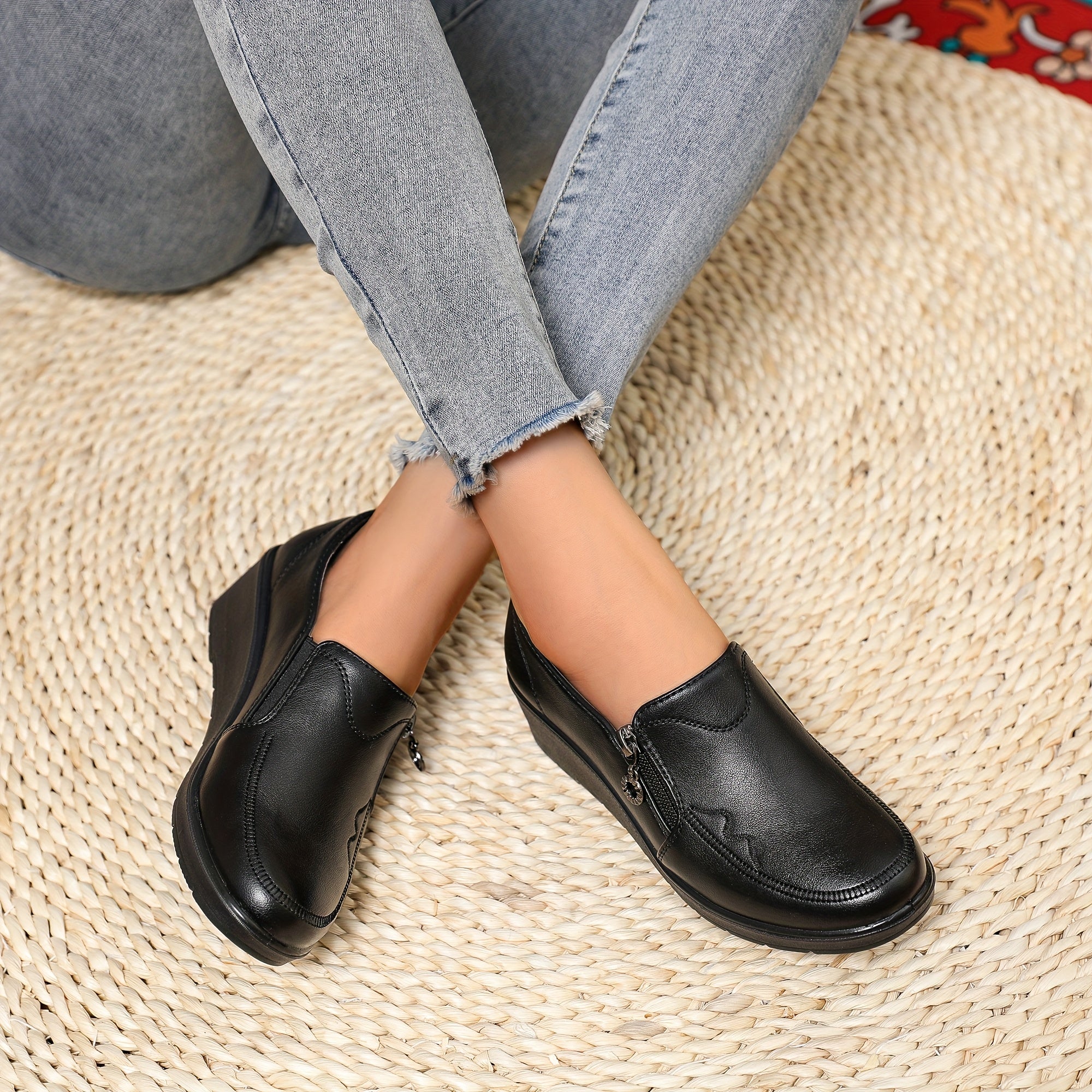 Women’s Embroidery Detail Leather Loafers – Comfortable Flat Shoes for Work and Casual