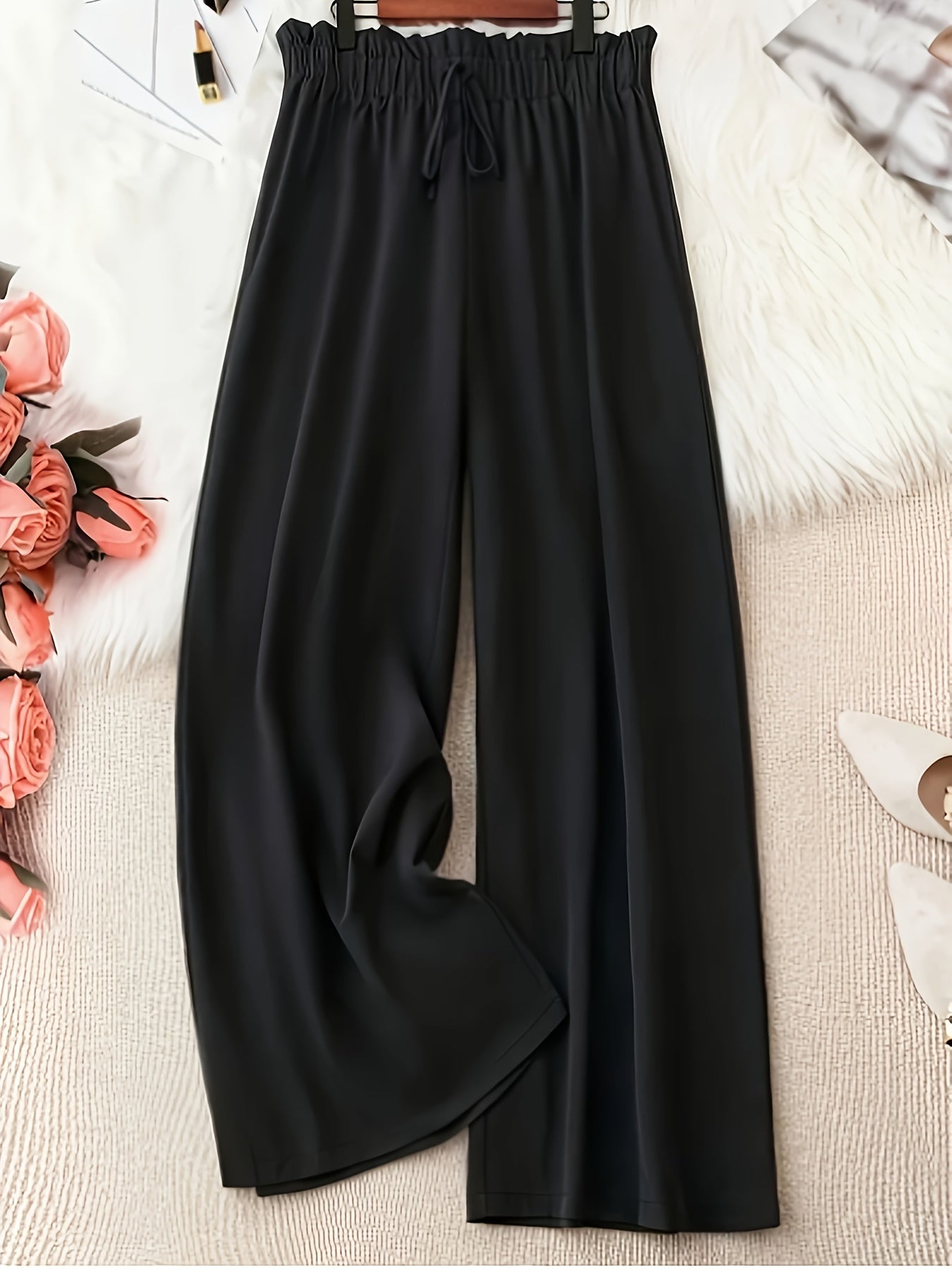 ayollar uchun keng bo'yli katta o'lchamli shimlar, sun'iy chiziqli chiziqli, qora, yuqori daraja