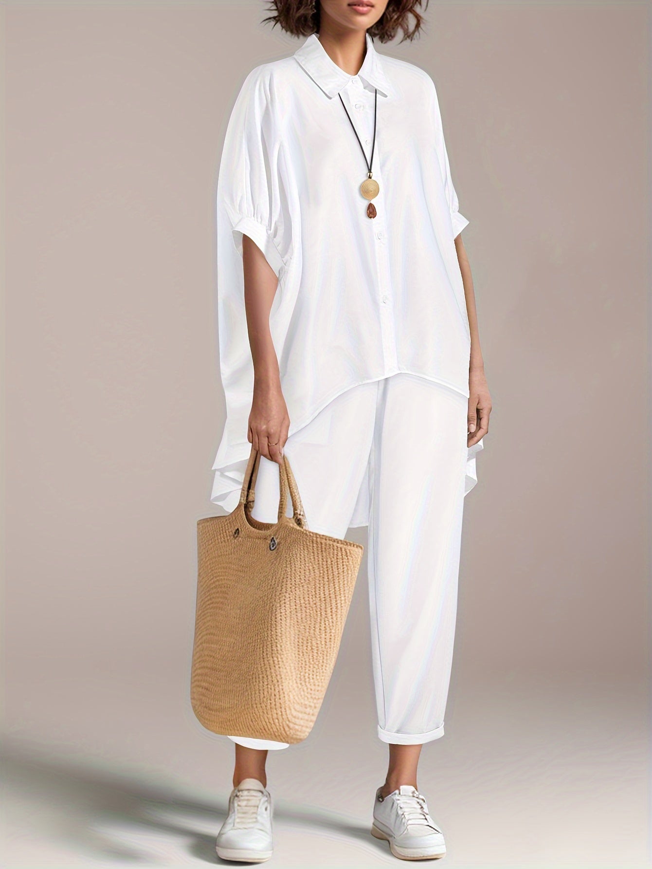 Women's Polyester Beach Shirt Set with Batwing Sleeves and Asymmetrical Hem