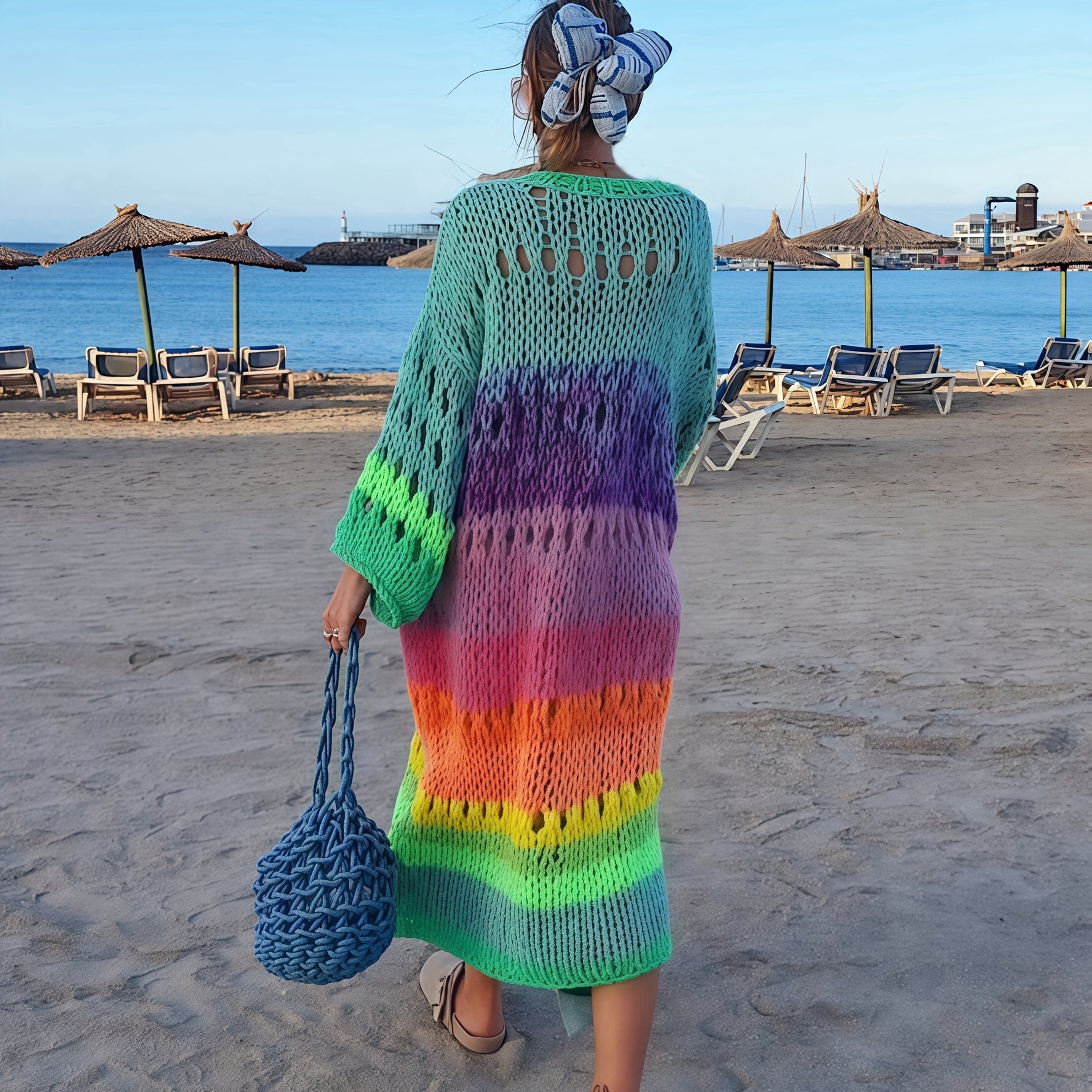 Яркое вязаное вручную женское пальто с градиентными яркими цветами, ретро фонариками и лентами. Шикарный и модный бохо стиль.