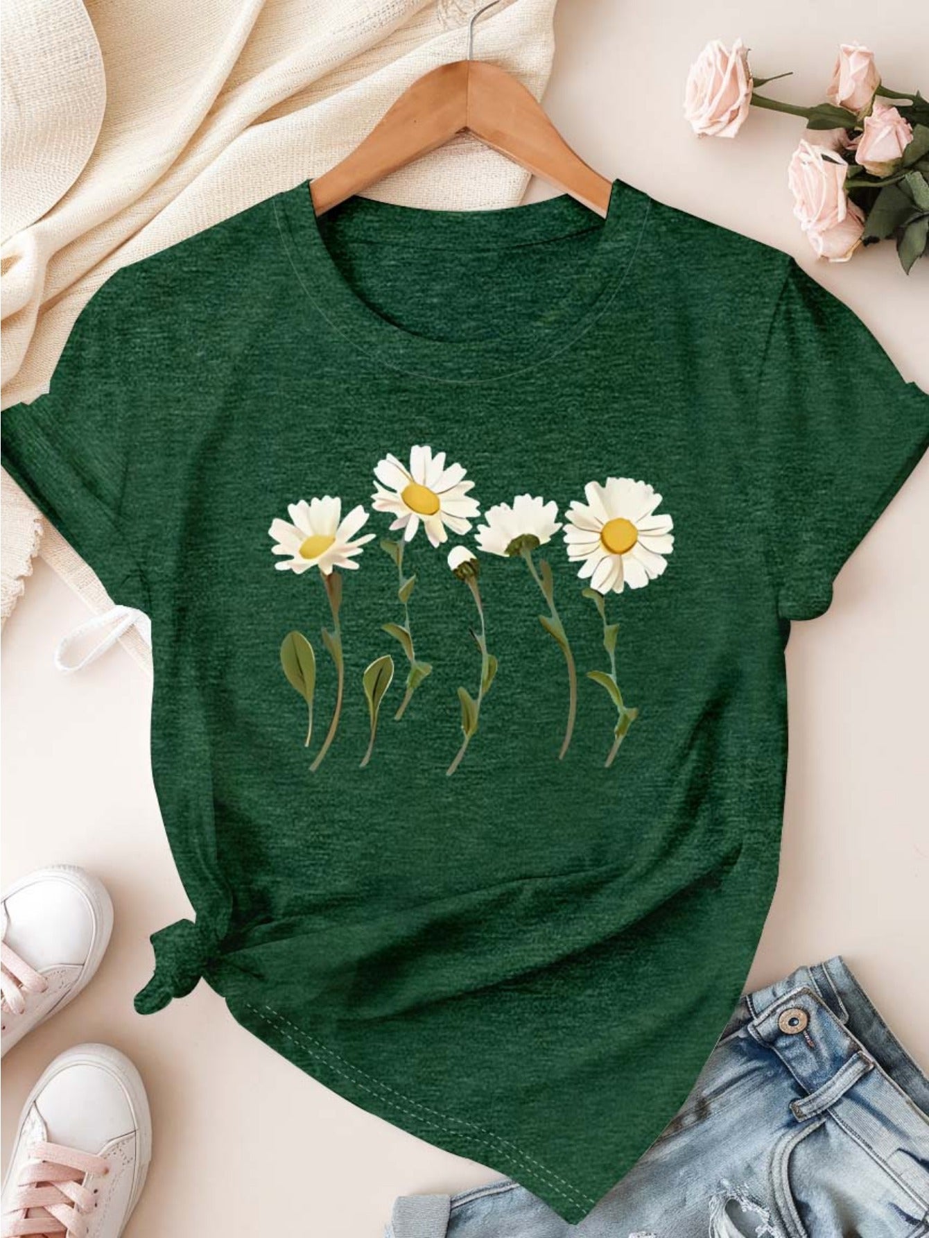 Plus Size Women's Floral Cotton T-Shirt Casual Daisy Print Short Sleeve