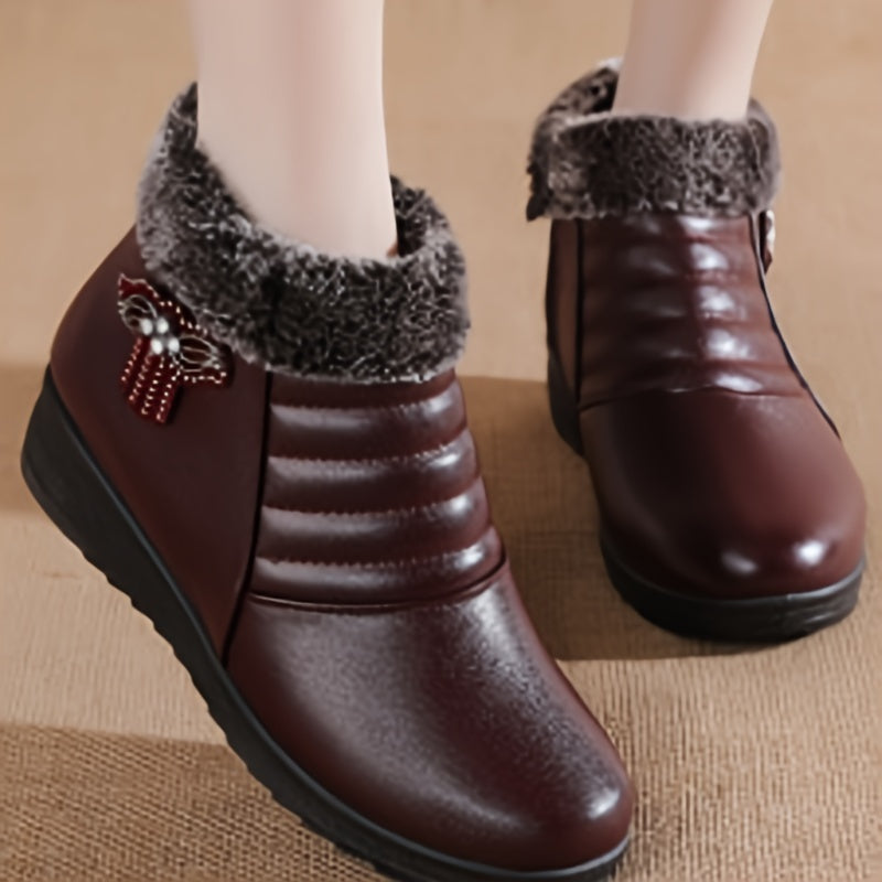 Women's Faux Fur Ankle Boots with Plush Lining Non-Slip Sole Red Bow