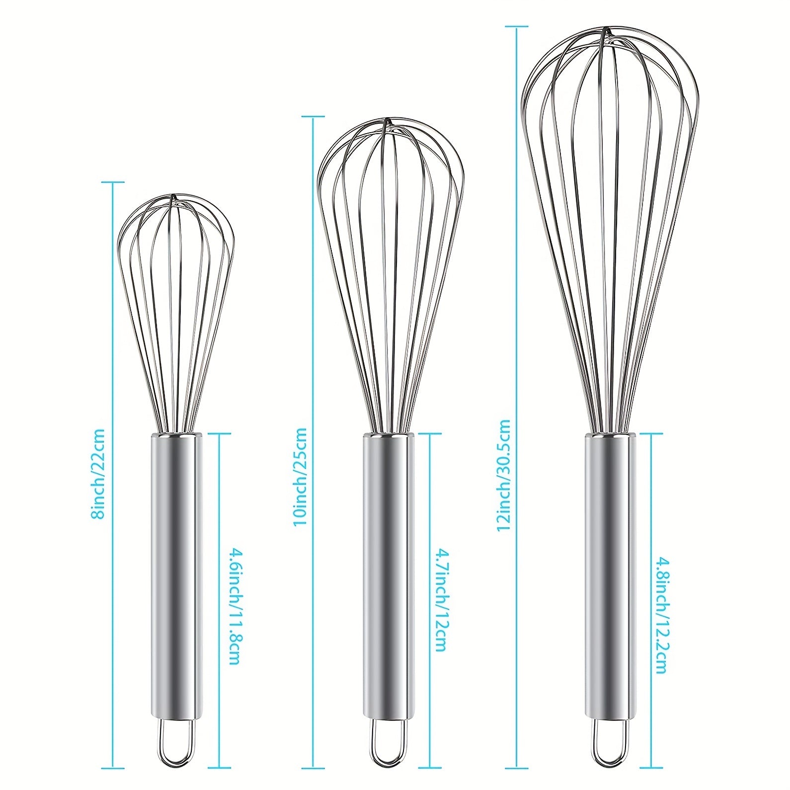Set of 3 Stainless Steel Egg Whisks in Different Sizes for Cooking and Baking
