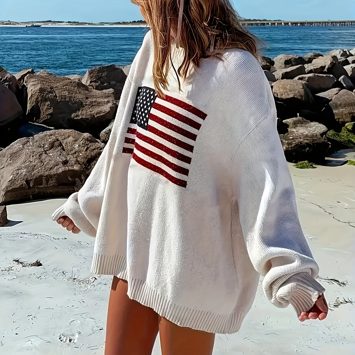 Plus Size Flag Pattern Sweater Women's Long Sleeve Crew Neck Fall Winter Clothing