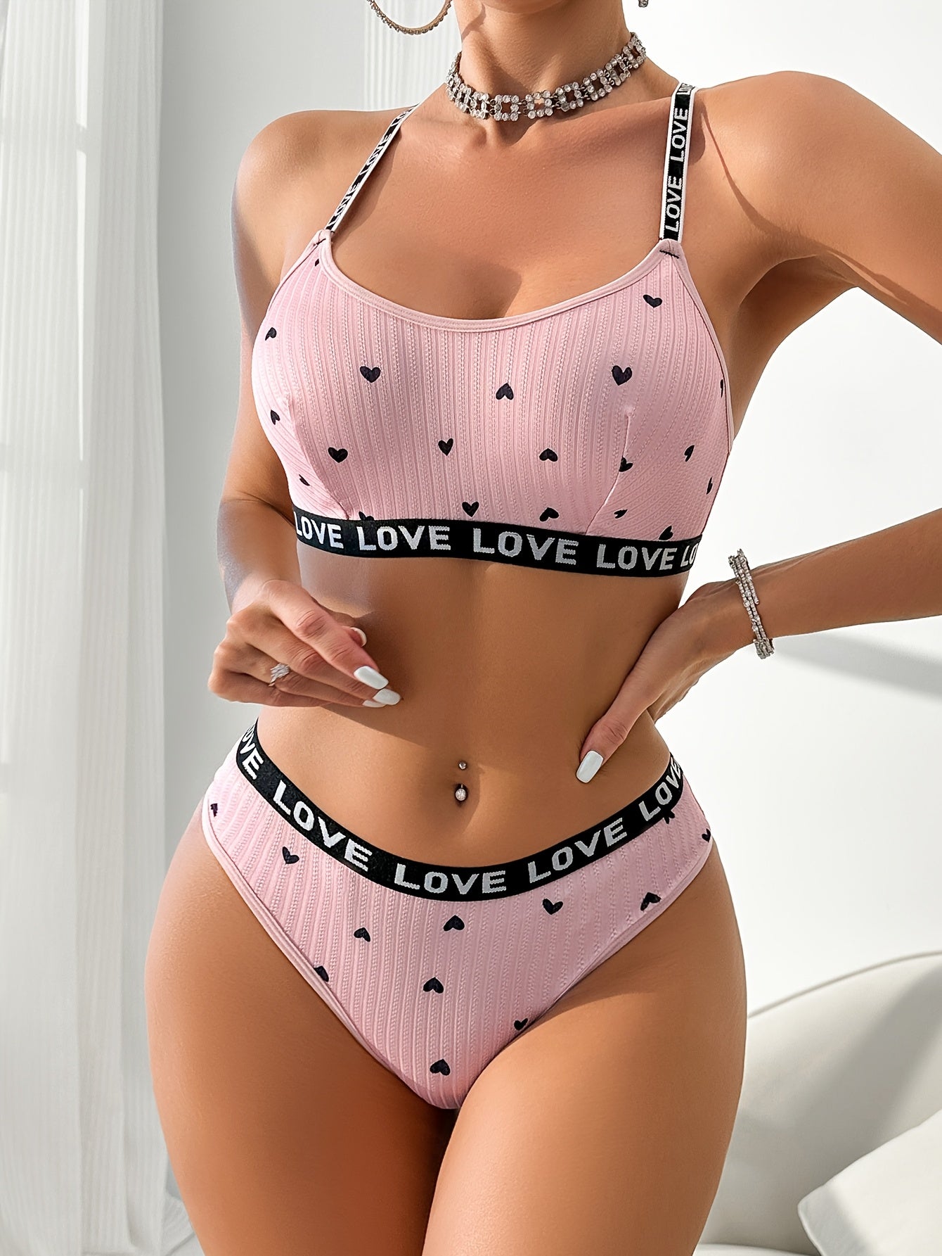 Women's Heart Print Lingerie Set Polyester Knit with Love Strap and Braid Accent