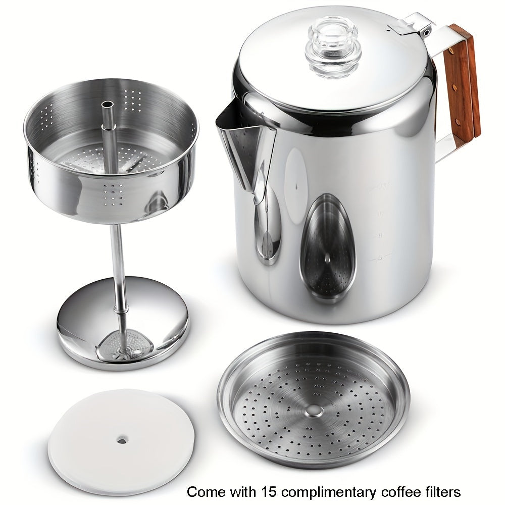 9-Cup Stainless Steel Coffee Maker with Wooden Handle No Electricity Camping