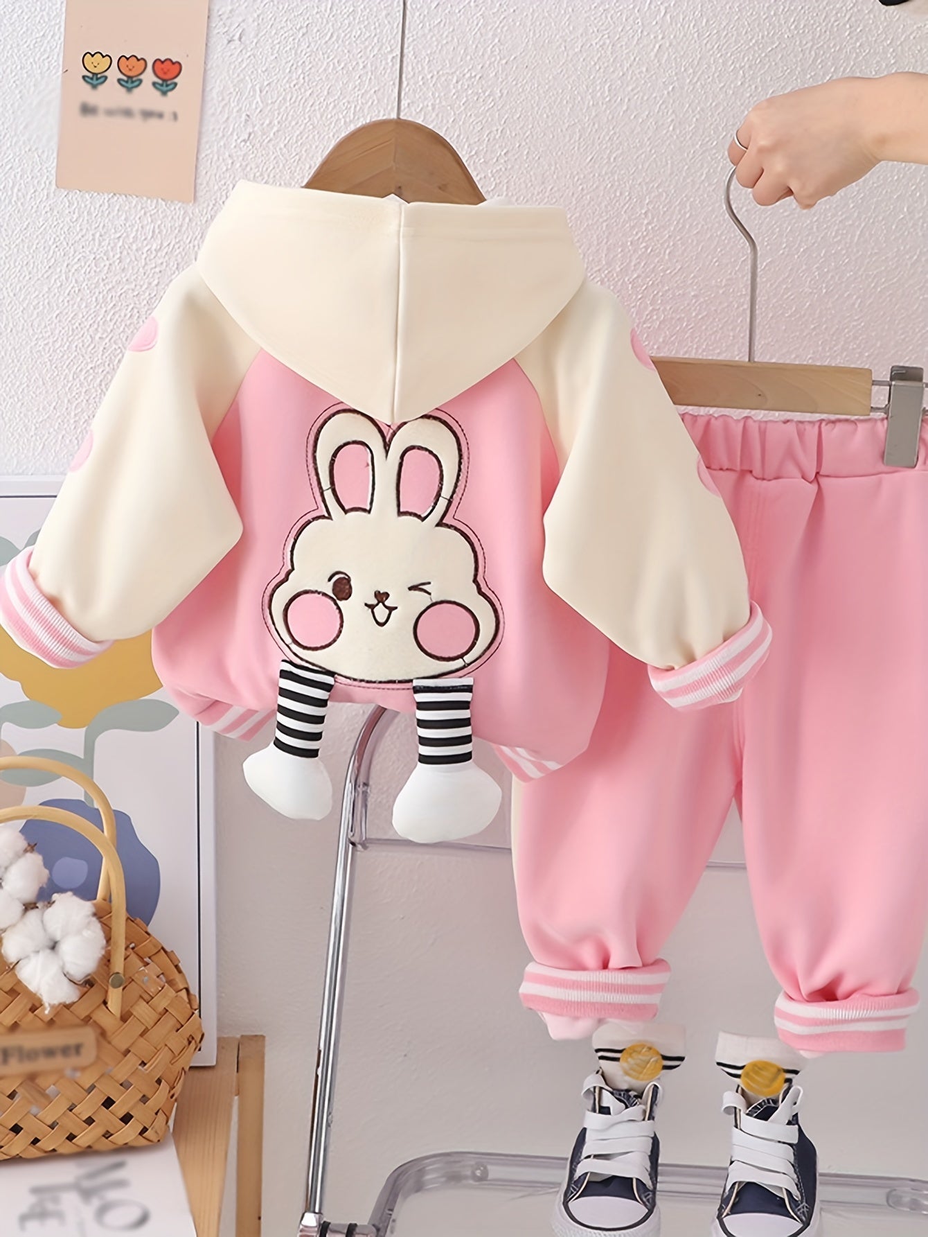 Girls Pink Bunny Hoodie and Pants Set Cotton Cartoon Spring Fall Comfortable Kids Clothing