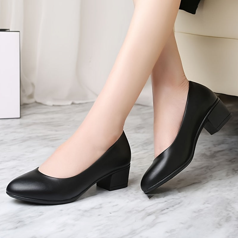Women's Black Pointed Toe Pumps with Mid Block Heel for Office and Daily Wear