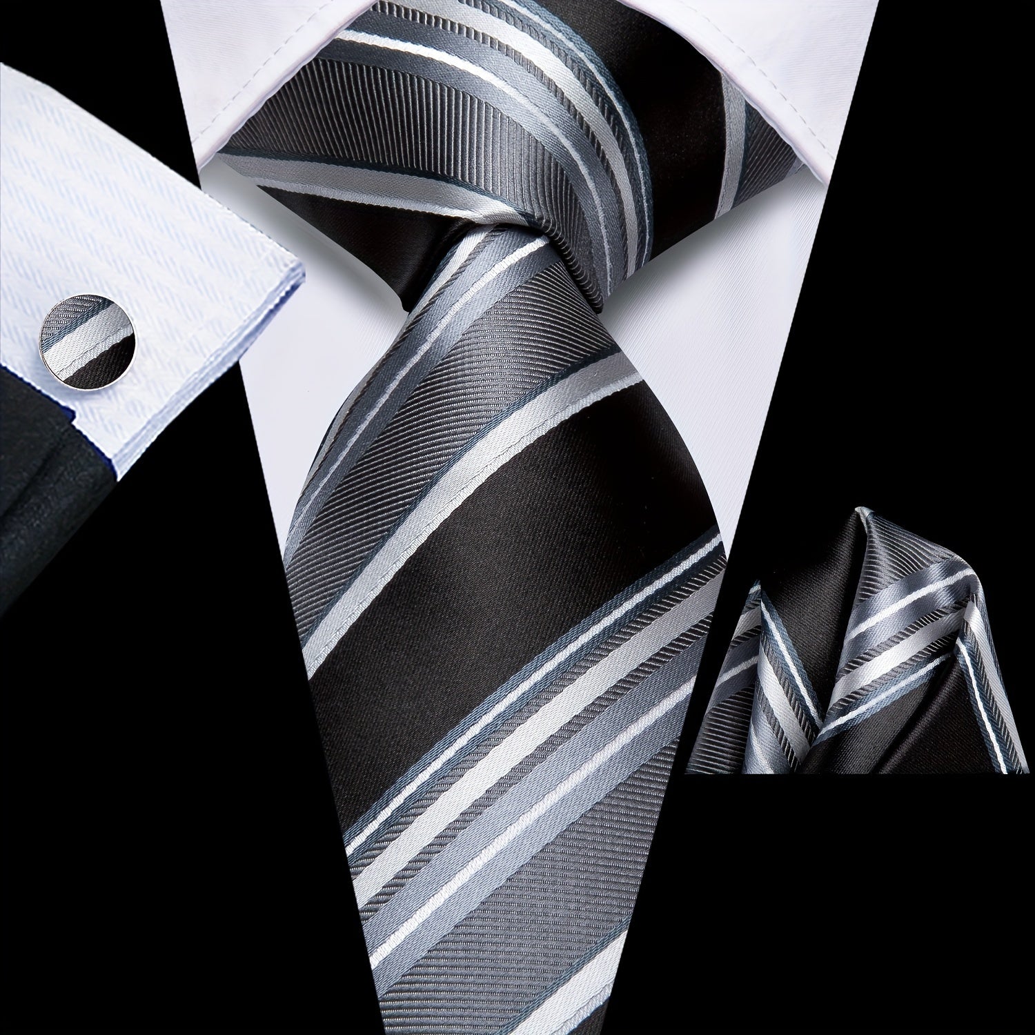Men's Classic Striped Necktie Set with Cufflinks for Business and Party