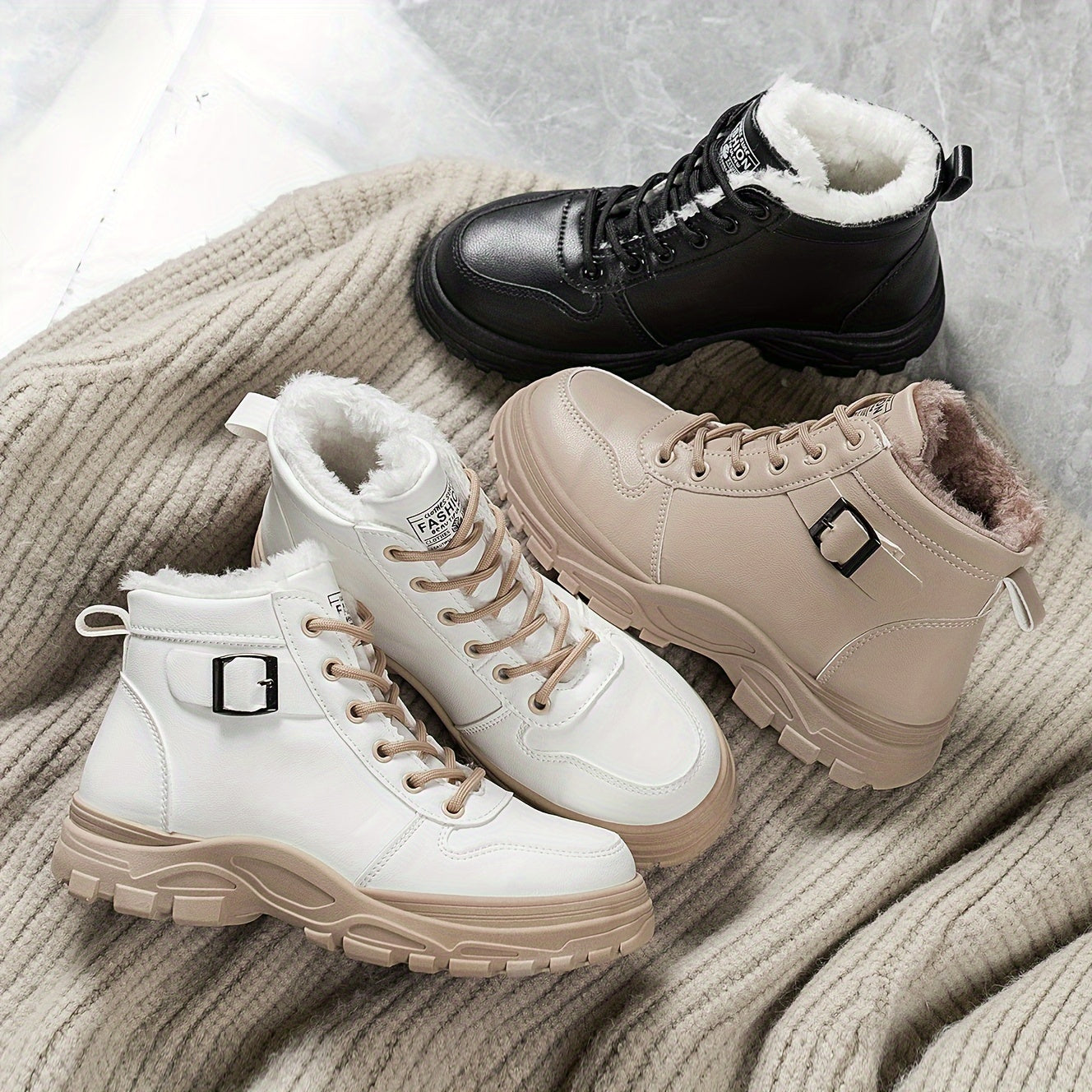 Women's Cozy Lined Ankle Boots Black Beige White High-Top Sneakers Rubber Soles