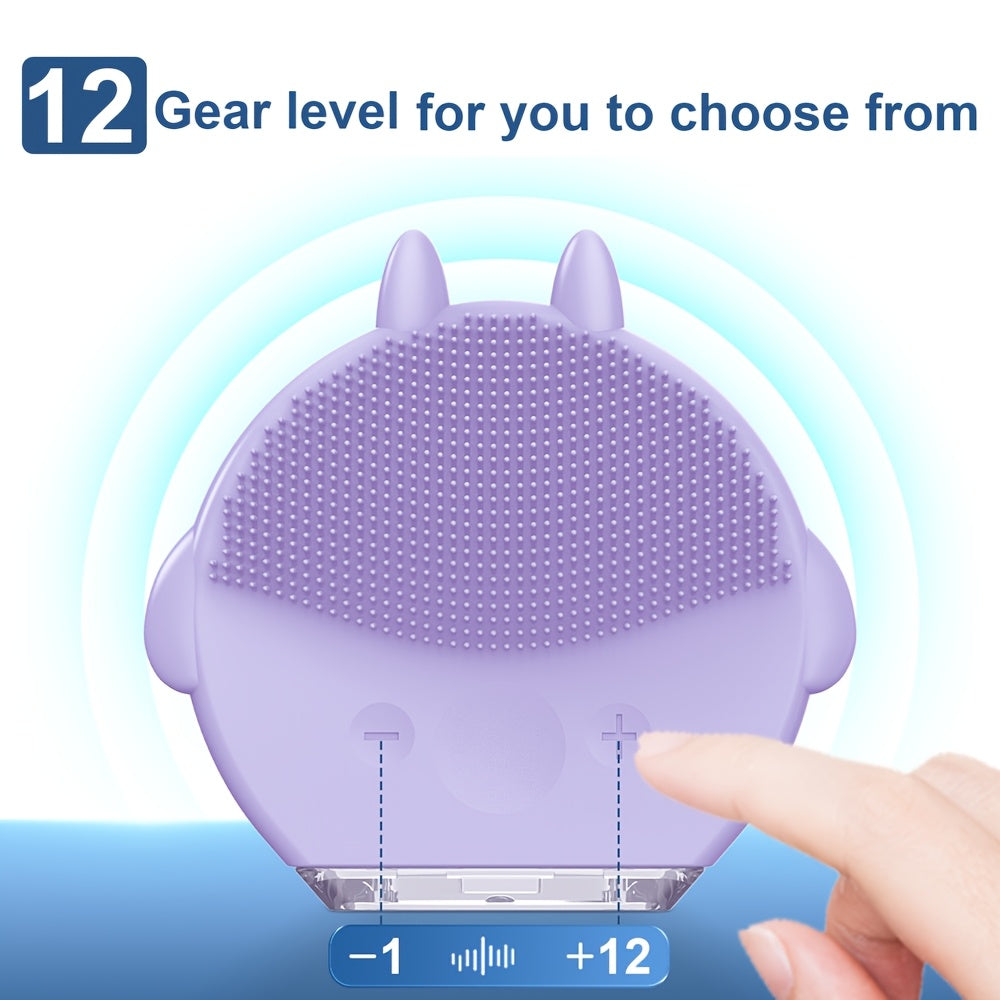 Mini Cartoon Electric Face Brush with 12 Massage Modes USB Rechargeable Exfoliating Skincare Tool