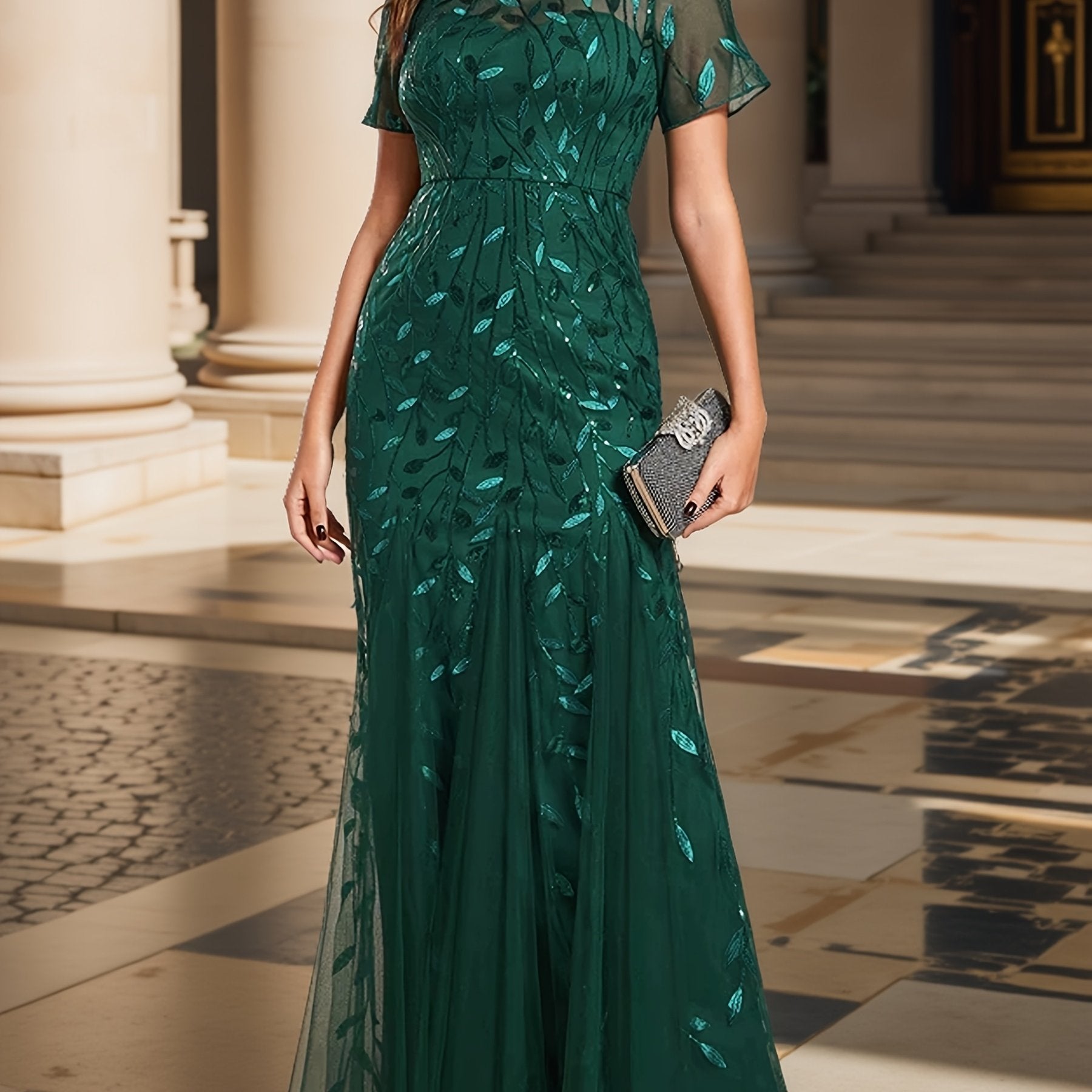 Plus Size Women’s Mermaid Evening Gown Sparkling Sequin Short Sleeves