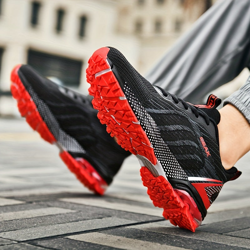 Usmonli qora va qizil erkaklar uchun plus o'lchamdagi sport yugurish poyafzallari, nafas oladigan to'qilgan yuqori qismi, mustahkam EVA/TPR tagligi va ochiq havoda, tasodifiy va yugurish faoliyatlari uchun qulay bog'ichli dizayni bilan.