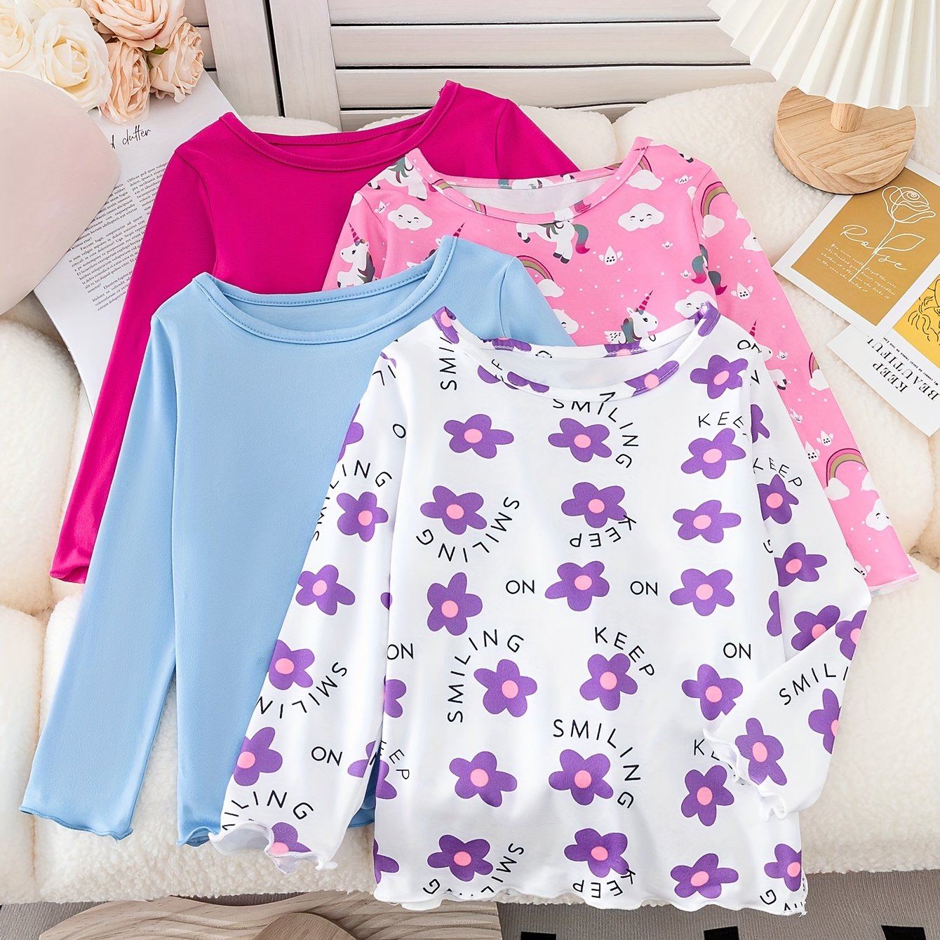 Girls' Long Sleeve Knit Tops 4-Piece Set Spring Fall Floral Solid Colors Skinny Fit