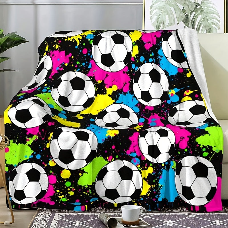 Reversible Flannel Fleece Blanket with Soccer Ball Print for Bed Sofa Use