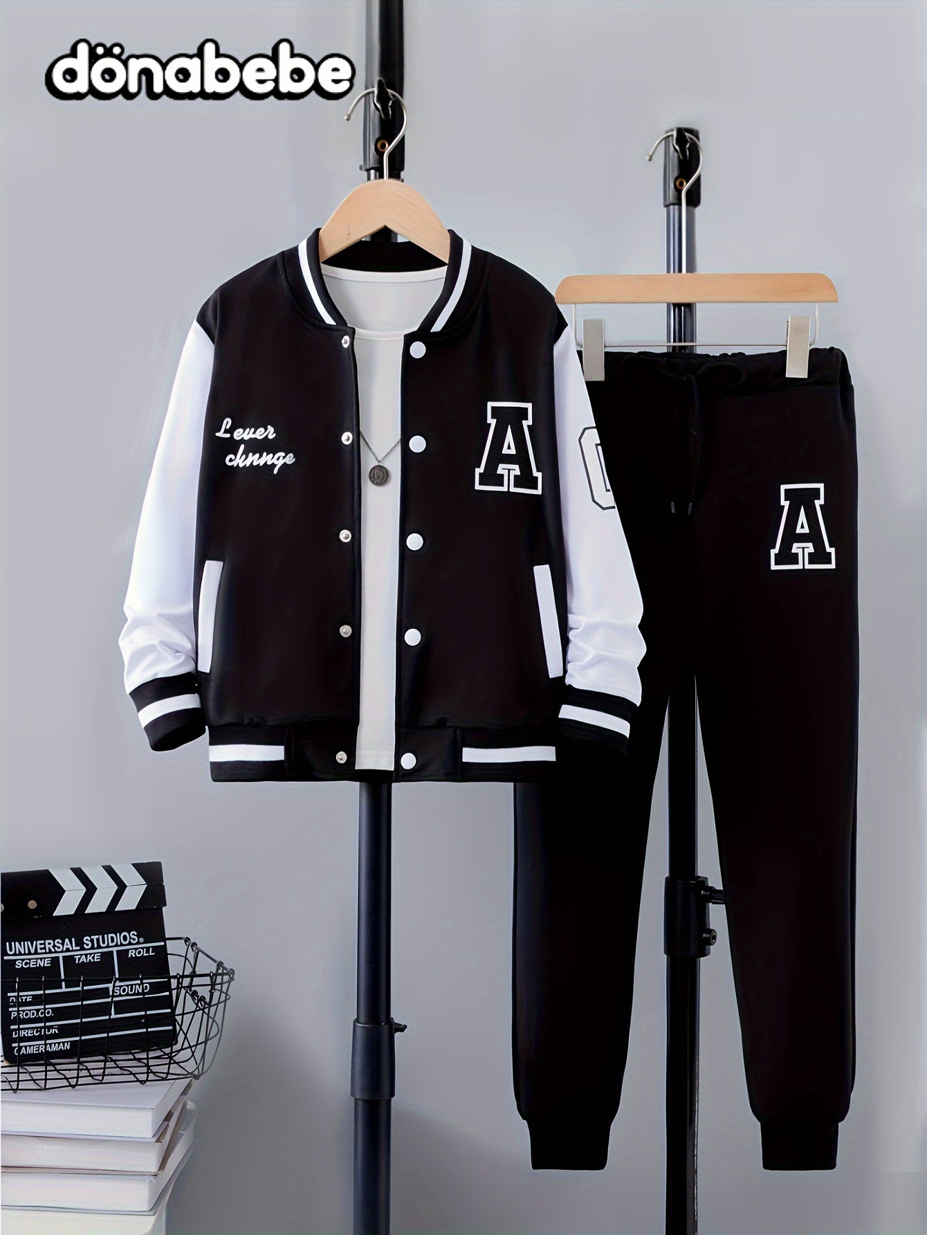 Kids Boys Letter Print Varsity Jacket and Pants Set Fall Winter Casual Clothing