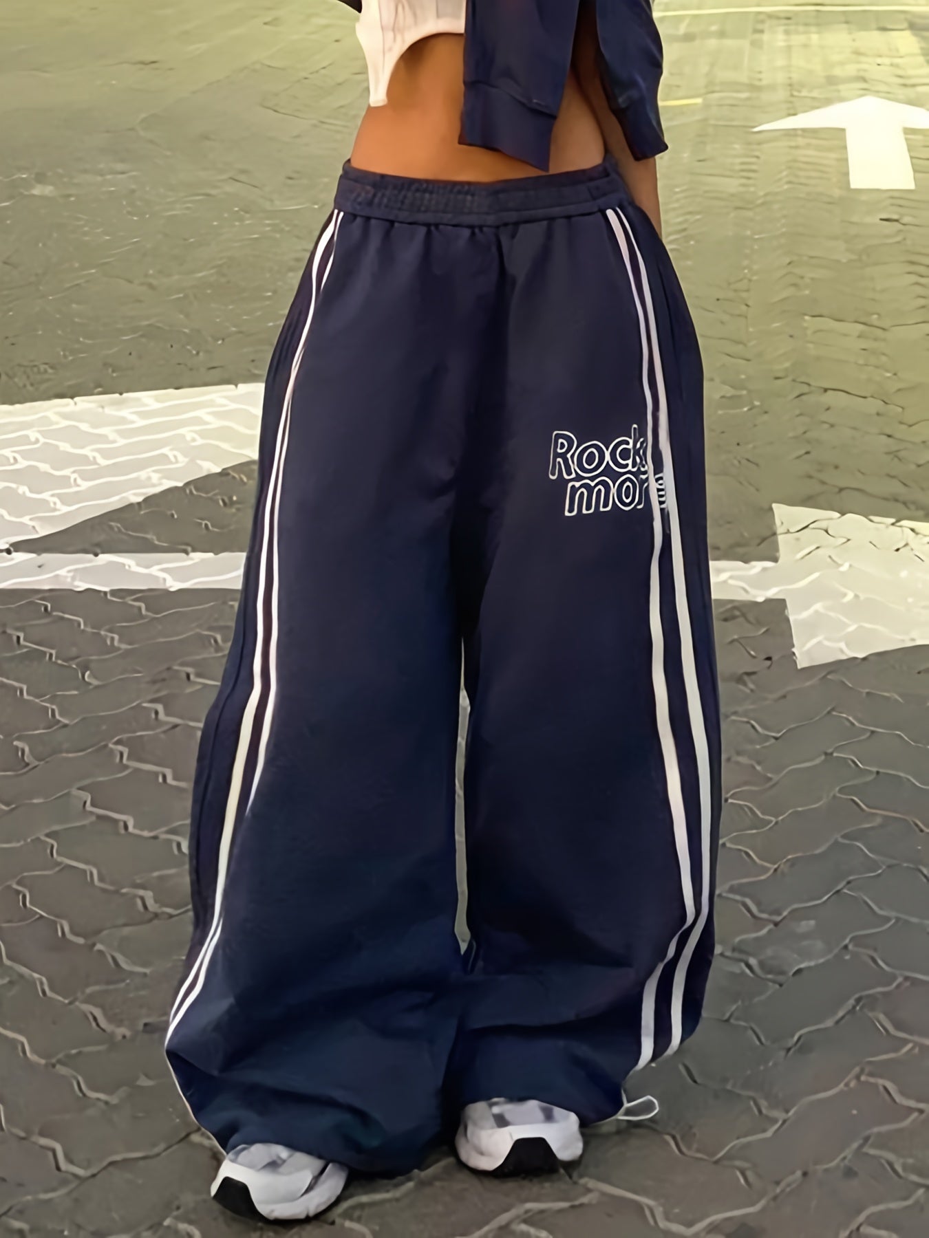 Pantalones de poliéster de pierna ancha para mujer con estampado de letras y estilo streetwear