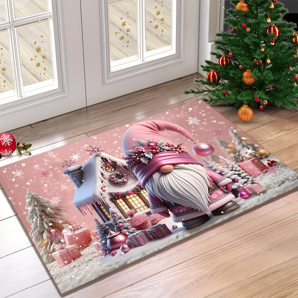 Pink Christmas Gnome Doormat 6mm Non-Slip Machine Washable Holiday Decor